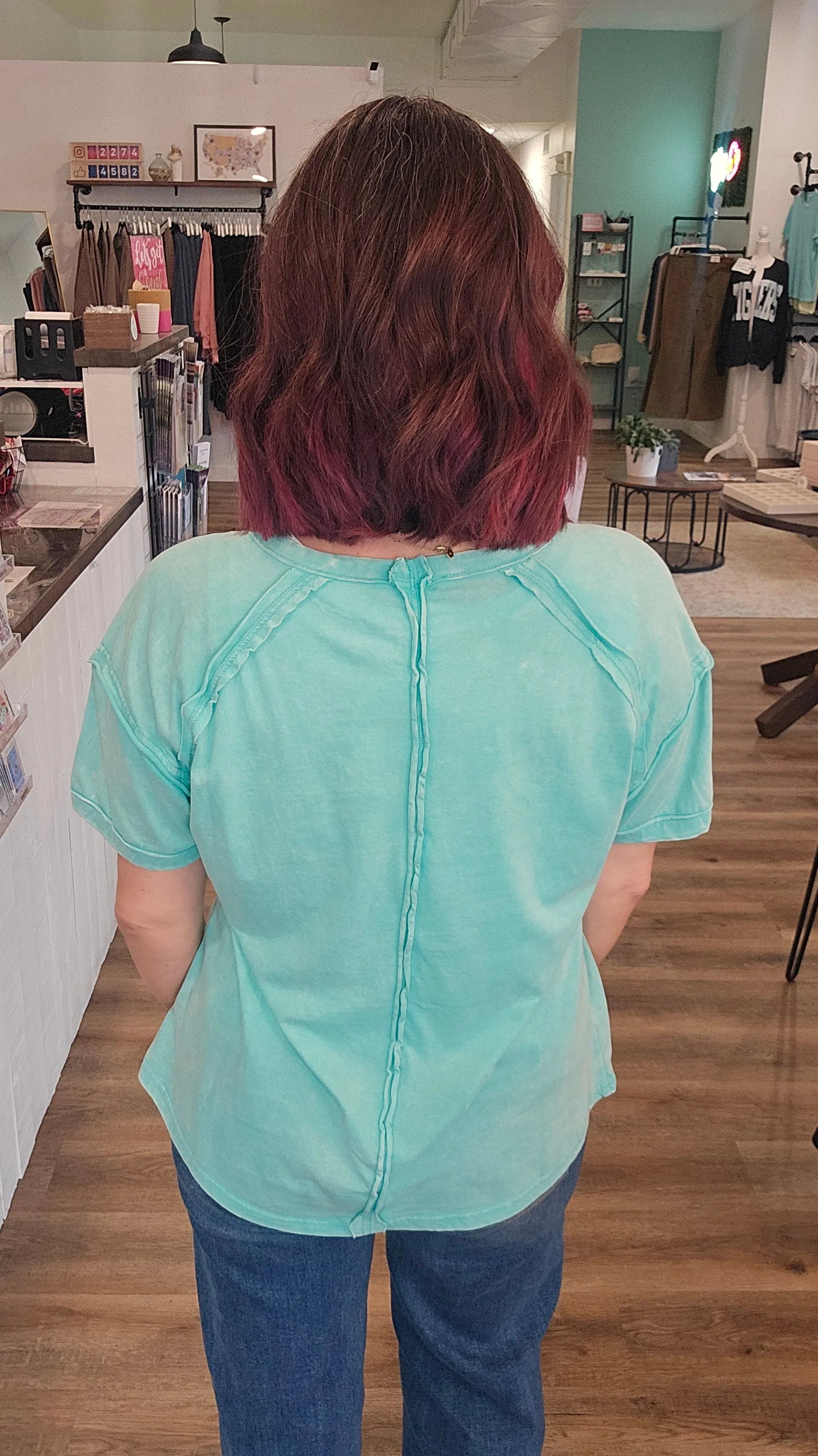 Shop Acid Wash Raw-Edge Tee - Mint- at Ruby Joy Boutique, a Women's Clothing Store in Pickerington, Ohio