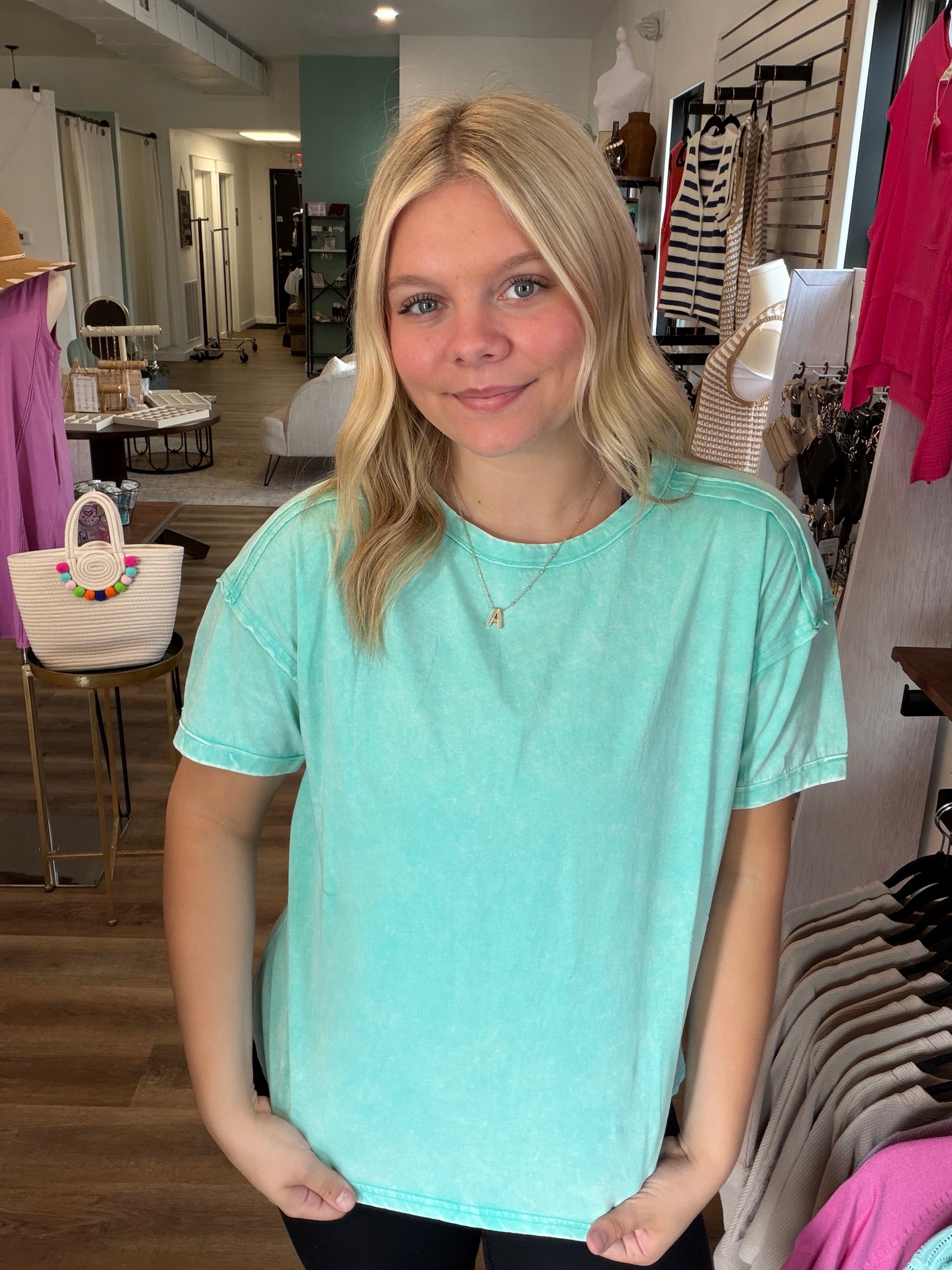 Shop Acid Wash Raw-Edge Tee - Mint- at Ruby Joy Boutique, a Women's Clothing Store in Pickerington, Ohio