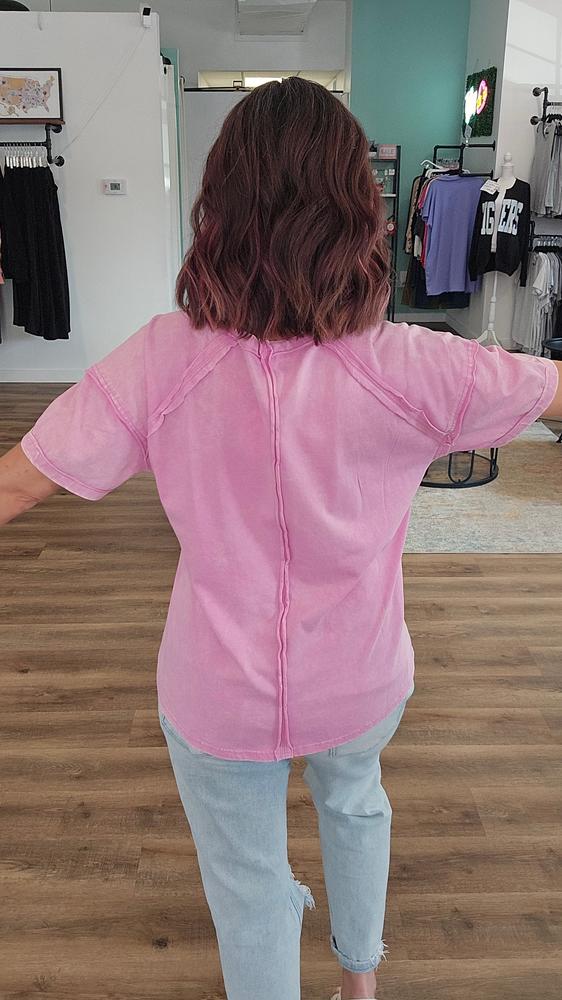 Shop Acid Wash Raw-Edge Tee - Vivid Mauve- at Ruby Joy Boutique, a Women's Clothing Store in Pickerington, Ohio