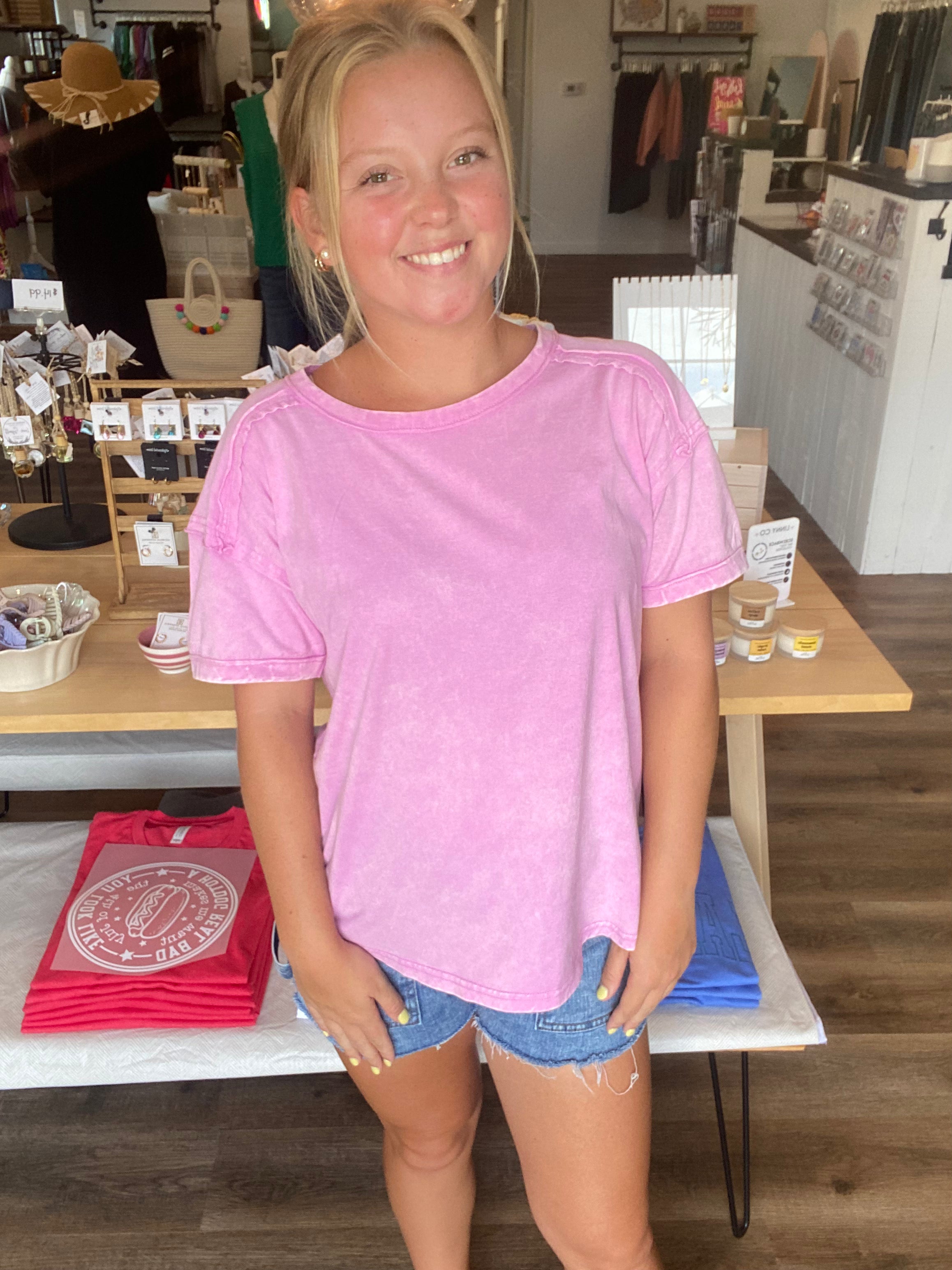 Shop Acid Wash Raw-Edge Tee - Vivid Mauve- at Ruby Joy Boutique, a Women's Clothing Store in Pickerington, Ohio