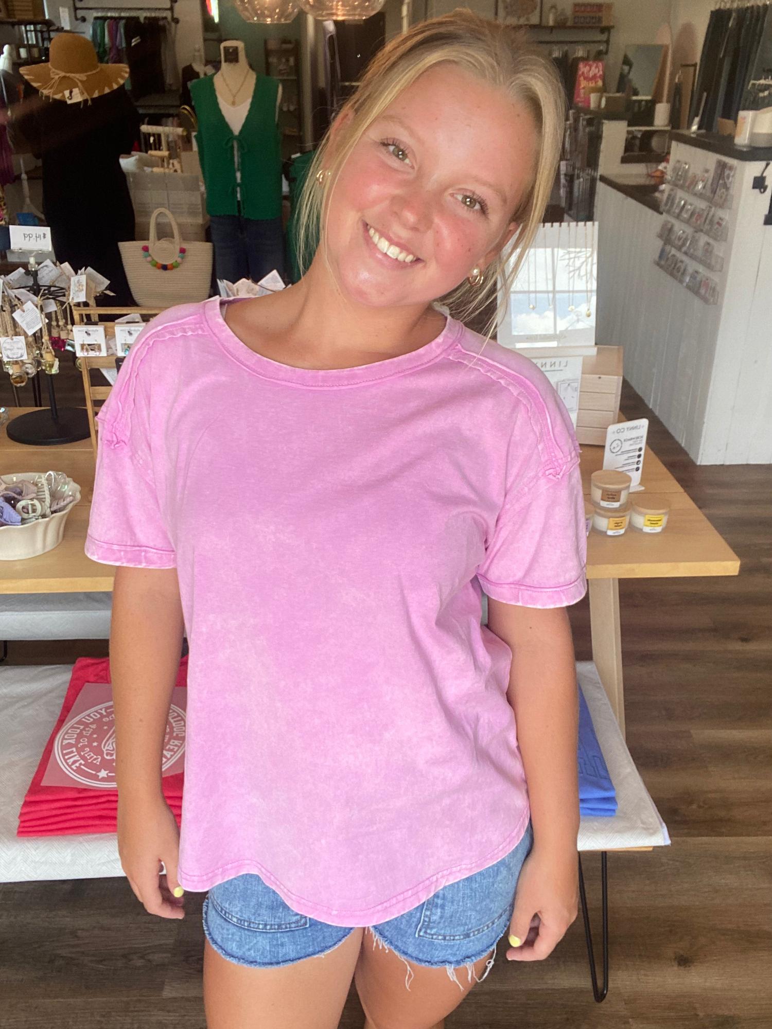 Shop Acid Wash Raw-Edge Tee - Vivid Mauve- at Ruby Joy Boutique, a Women's Clothing Store in Pickerington, Ohio