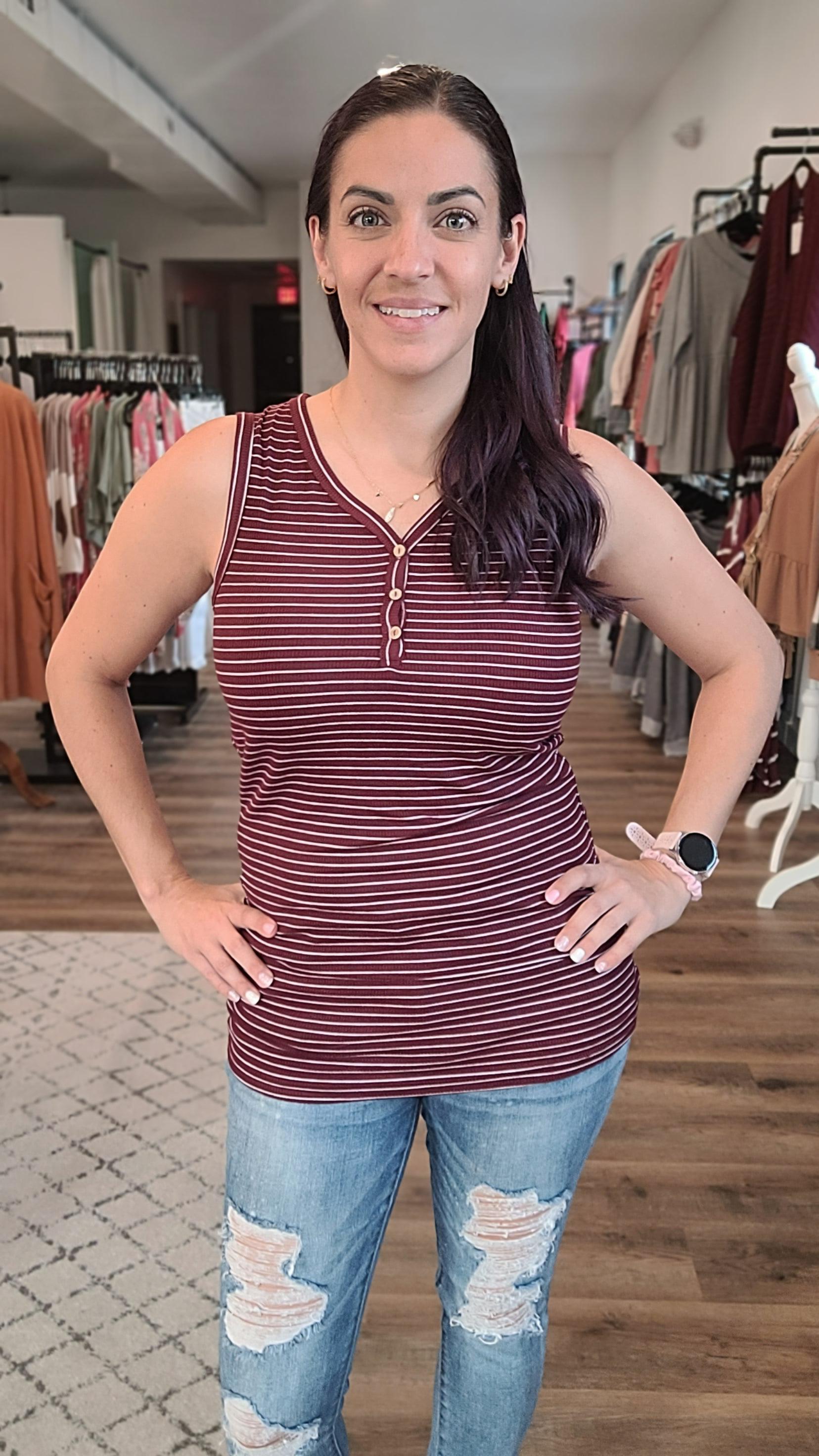 Shop Addison Striped Button Tank-Shirts & Tops at Ruby Joy Boutique, a Women's Clothing Store in Pickerington, Ohio