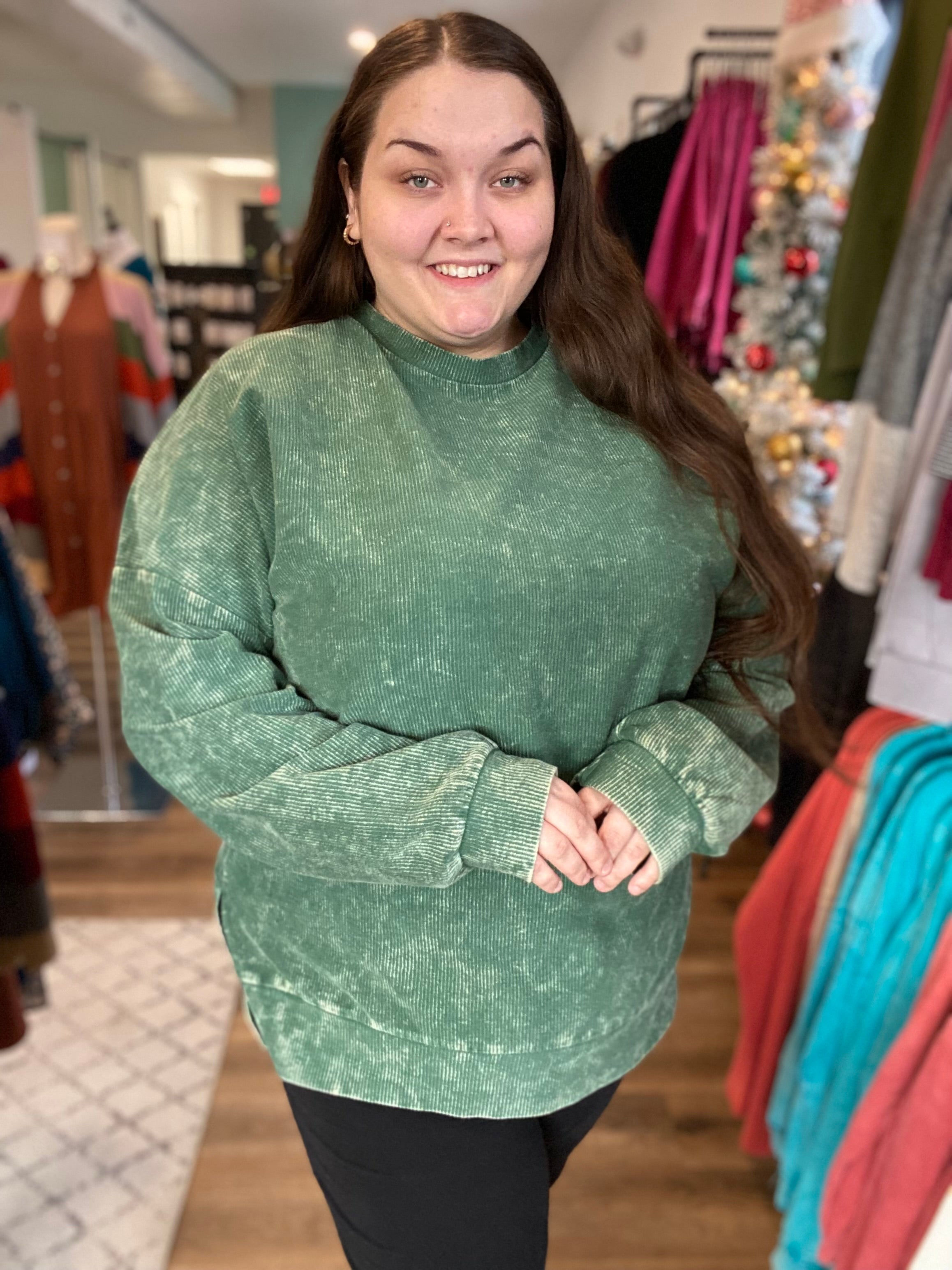 Shop Alexis Corded Crewneck Pullover - Green-sweatshirt at Ruby Joy Boutique, a Women's Clothing Store in Pickerington, Ohio