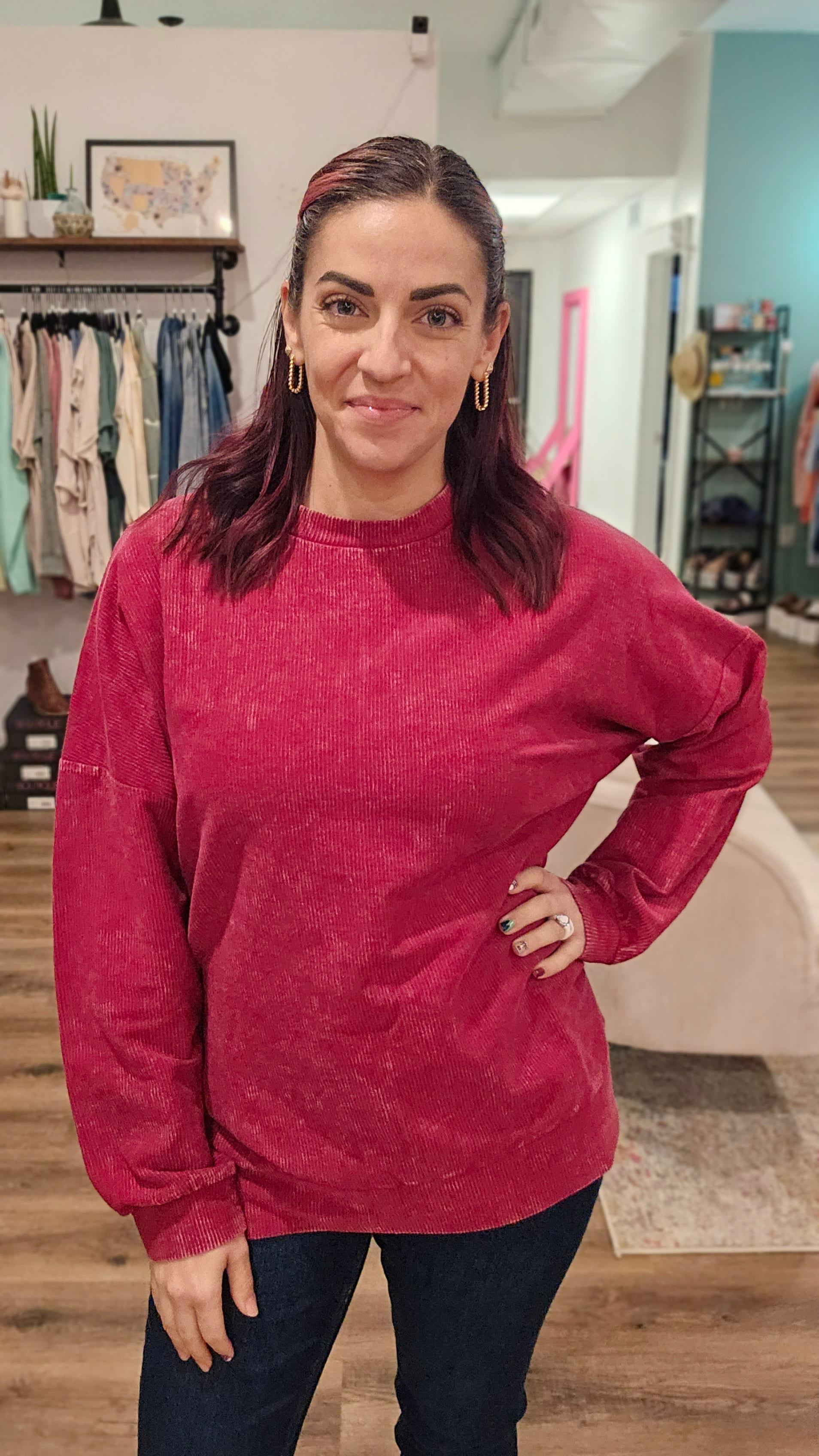 Shop Alexis Corded Crewneck Pullover - Wine-sweatshirt at Ruby Joy Boutique, a Women's Clothing Store in Pickerington, Ohio