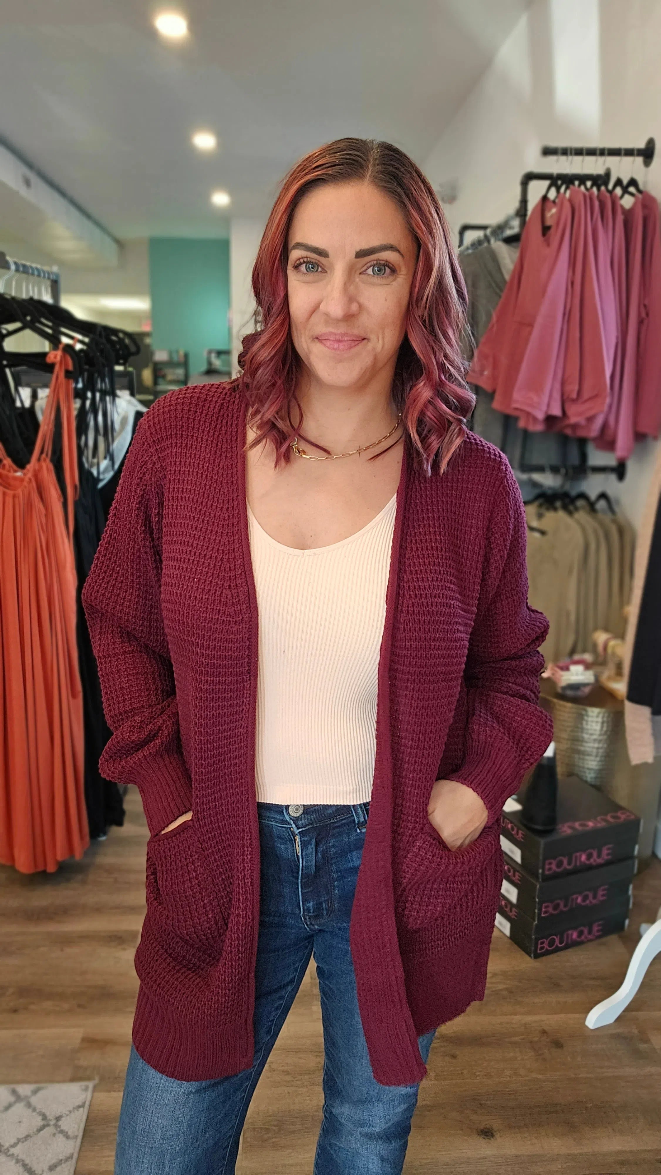 Shop Allie Open Cardigan - Burgundy-Cardigan at Ruby Joy Boutique, a Women's Clothing Store in Pickerington, Ohio