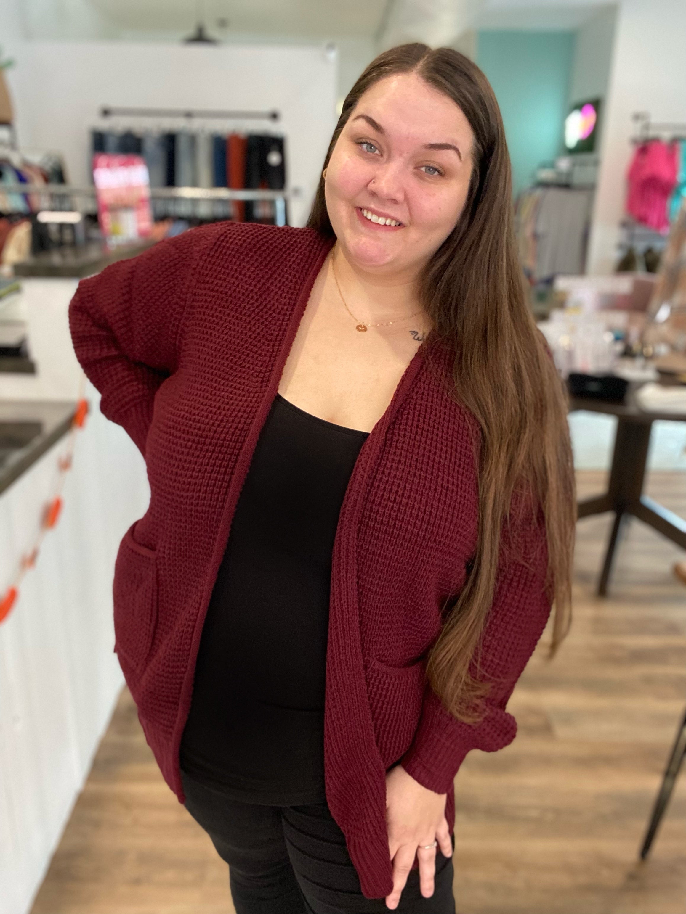 Shop Allie Open Cardigan - Burgundy-Cardigan at Ruby Joy Boutique, a Women's Clothing Store in Pickerington, Ohio