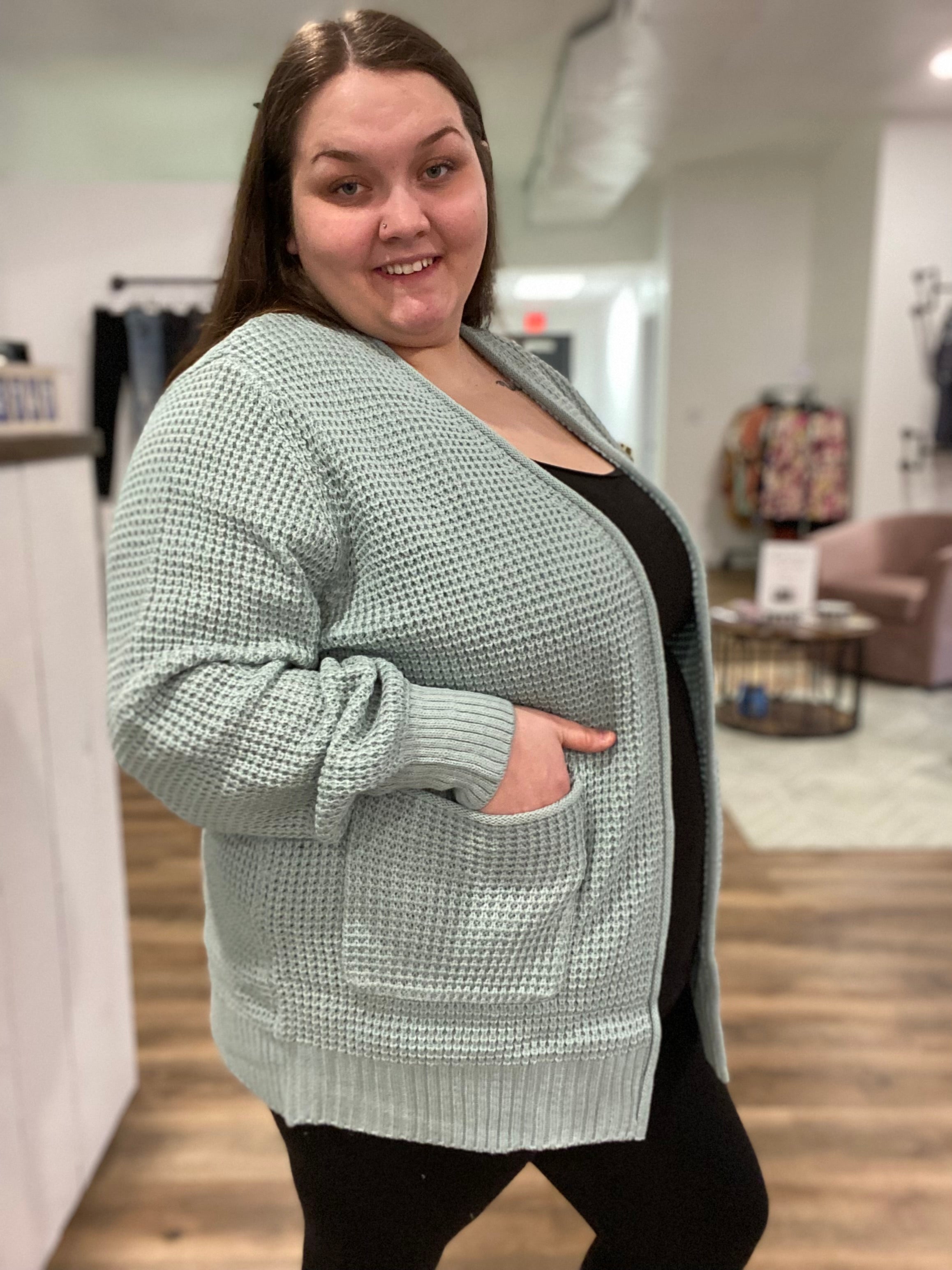 Shop Allie Open Cardigan - Icy Sage-Cardigan at Ruby Joy Boutique, a Women's Clothing Store in Pickerington, Ohio