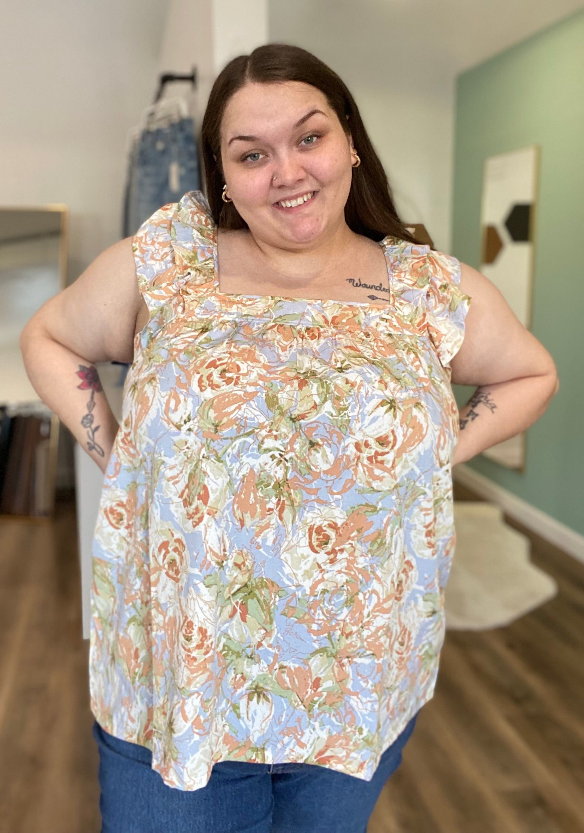 Shop Allora Floral Sleeveless Blouse-Blouse at Ruby Joy Boutique, a Women's Clothing Store in Pickerington, Ohio