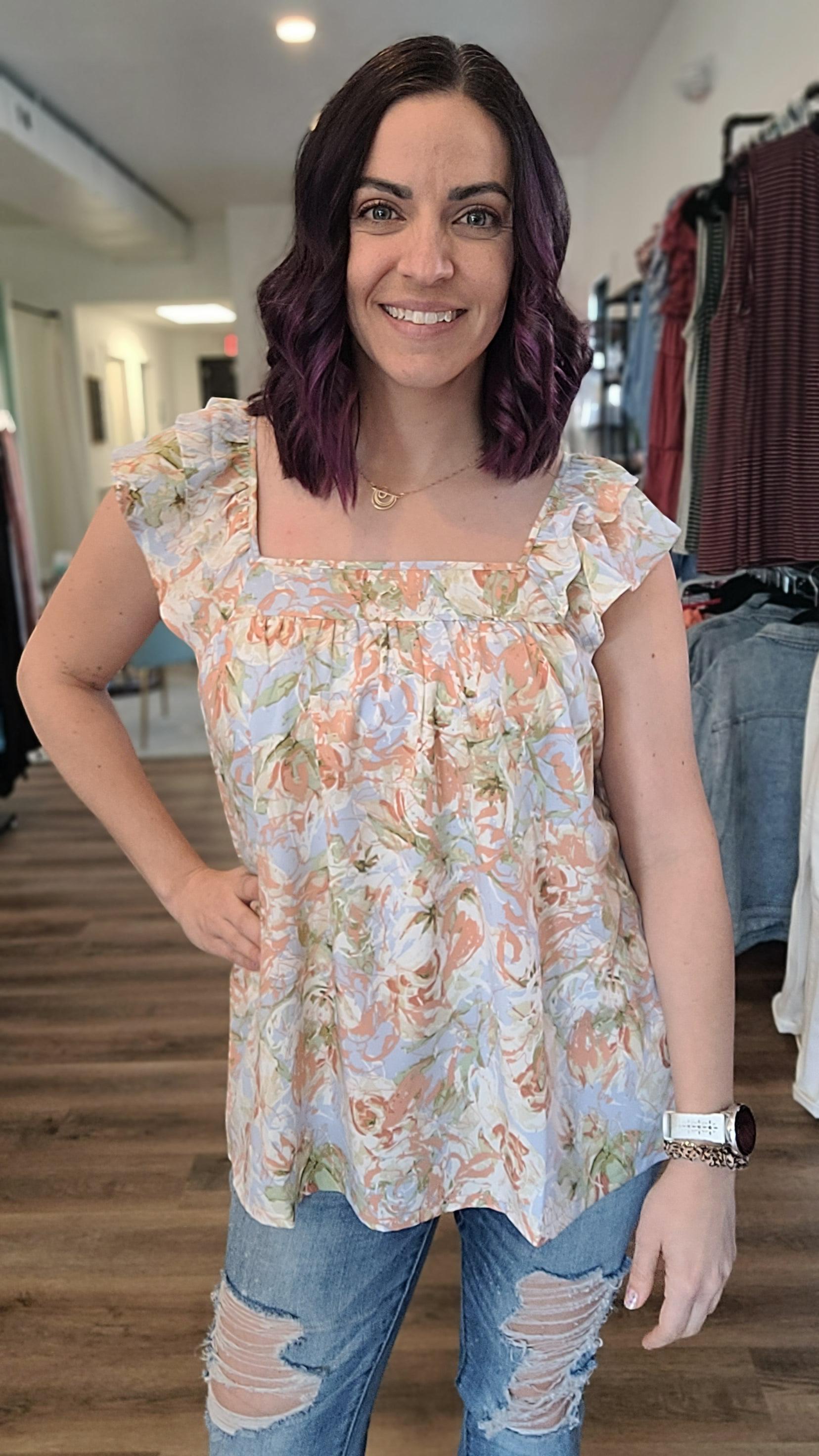 Shop Allora Floral Sleeveless Blouse-Blouse at Ruby Joy Boutique, a Women's Clothing Store in Pickerington, Ohio