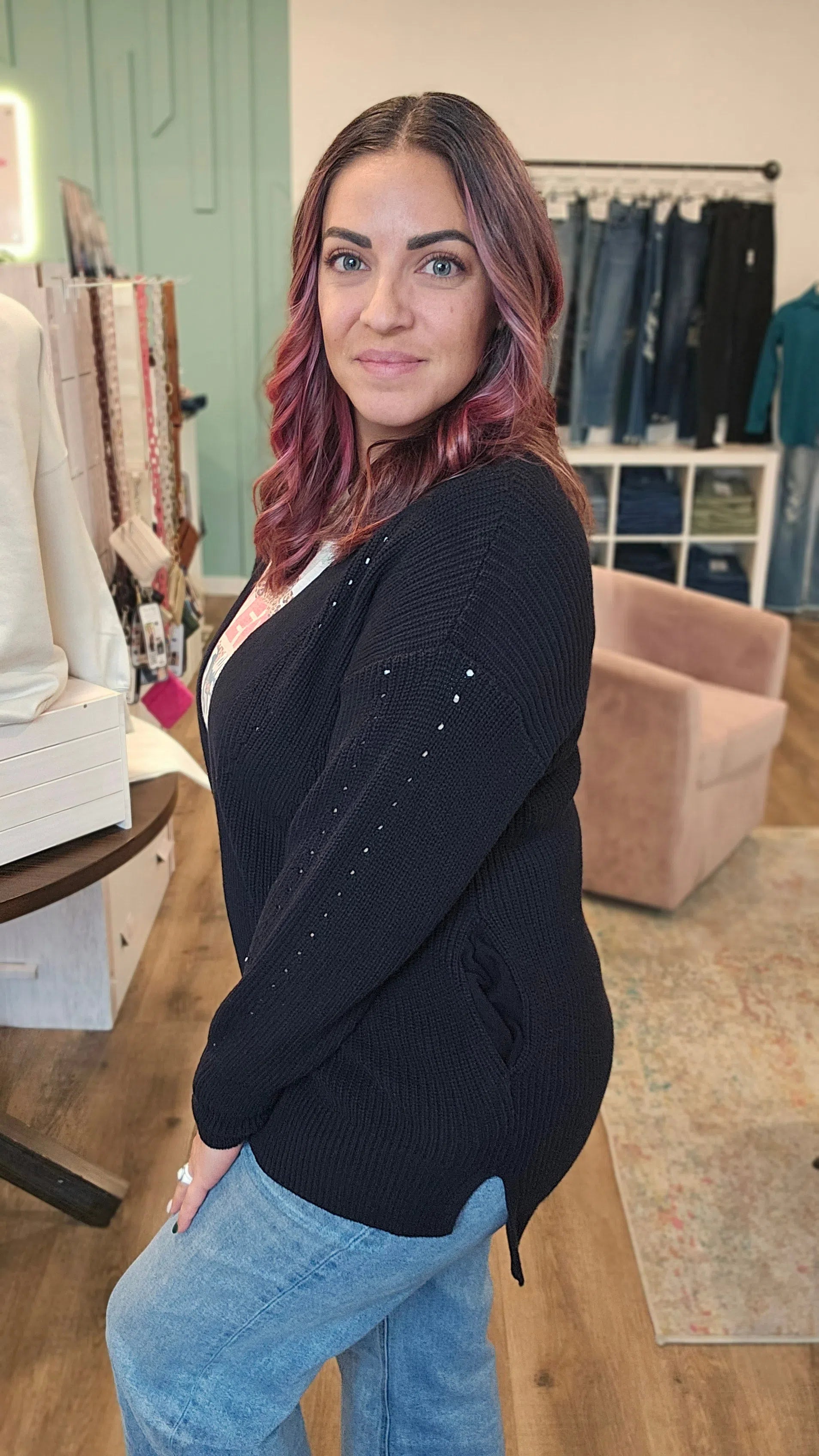 Shop Alpine Breeze Eyelet Cardigan - Black-Cardigan at Ruby Joy Boutique, a Women's Clothing Store in Pickerington, Ohio