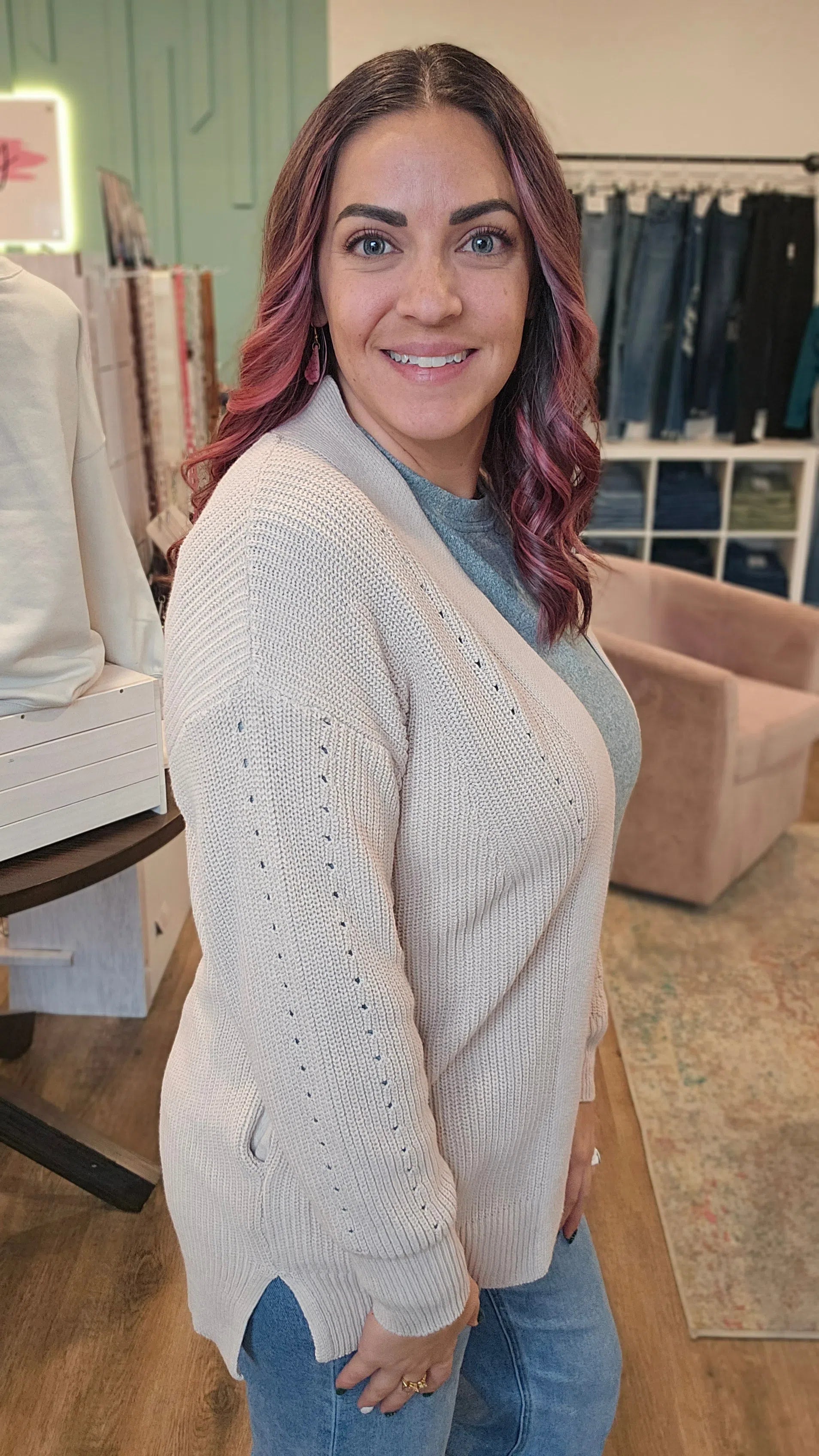 Shop Alpine Breeze Eyelet Cardigan - Sand-Cardigan at Ruby Joy Boutique, a Women's Clothing Store in Pickerington, Ohio