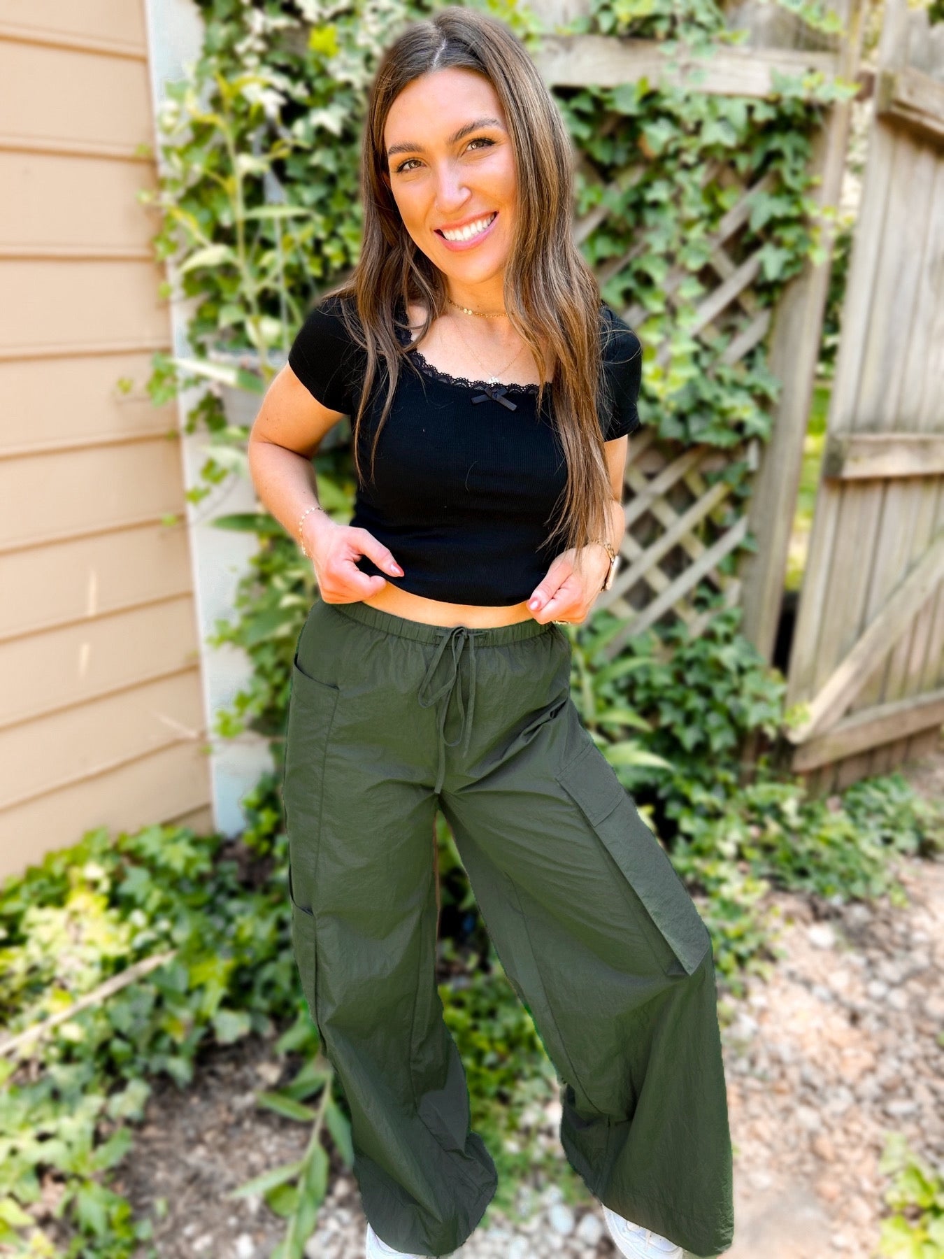 Shop Archer Asymmetrical Pocket Wide Leg Cargos-Dark Forest at Ruby Joy Boutique, a Women's Clothing Store in Pickerington, Ohio