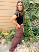 Shop Archer Asymmetrical Pocket Wide Leg Cargos- at Ruby Joy Boutique, a Women's Clothing Store in Pickerington, Ohio