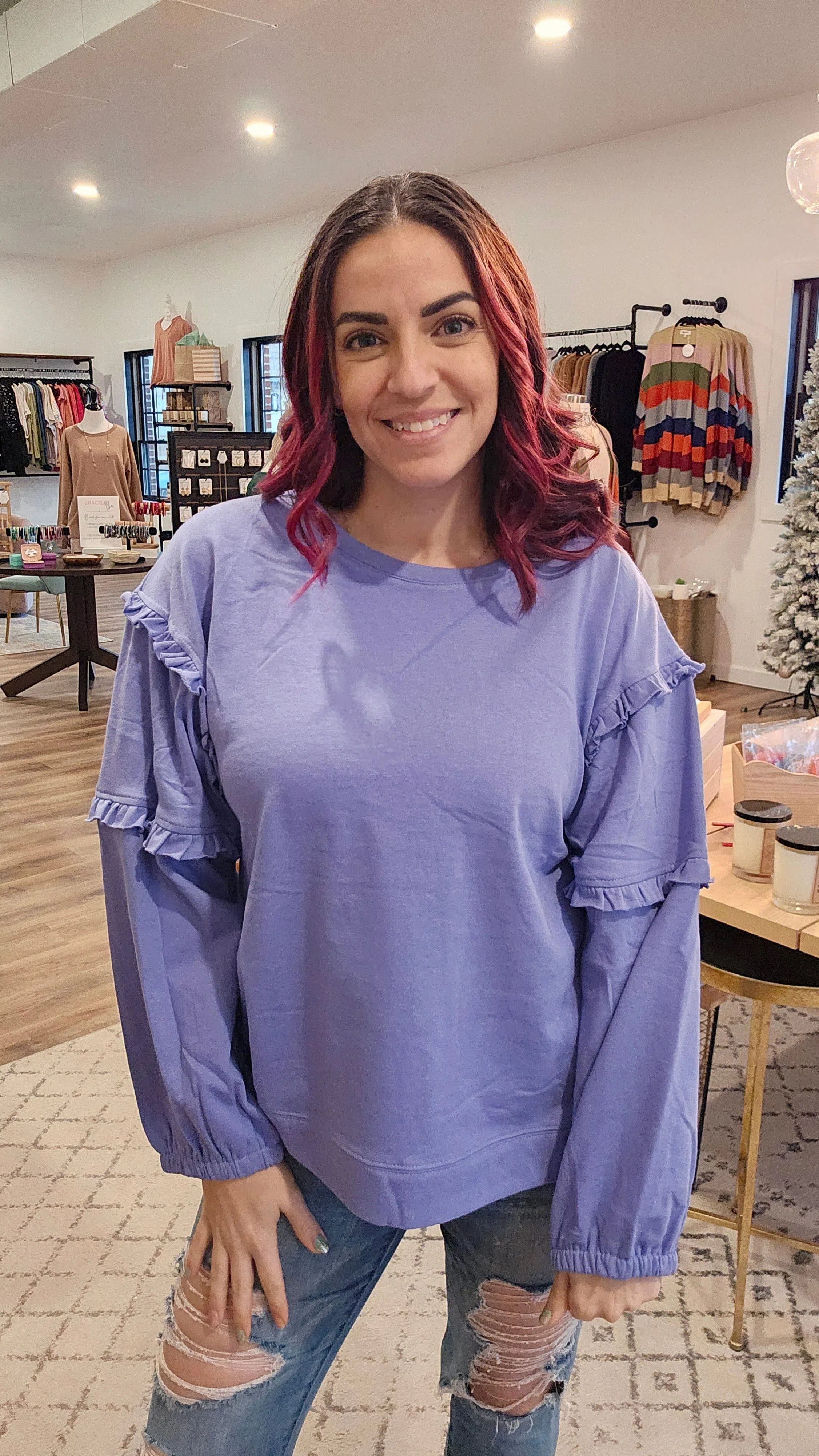 Shop Auden Ruffle Sleeve Sweatshirt-sweatshirt at Ruby Joy Boutique, a Women's Clothing Store in Pickerington, Ohio