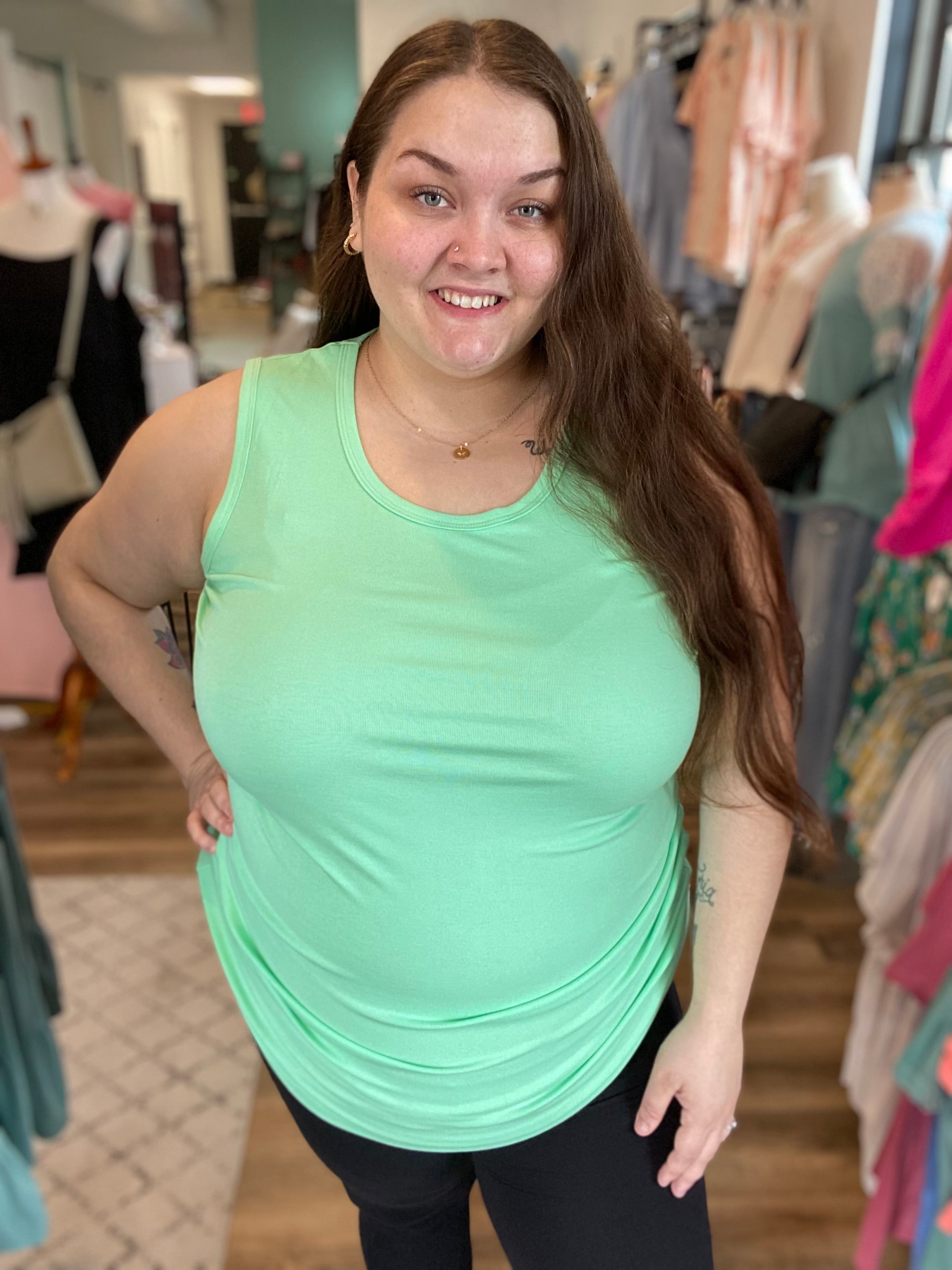 Shop Ava Classic Sleeveless Tank - Lime-Tank Top at Ruby Joy Boutique, a Women's Clothing Store in Pickerington, Ohio