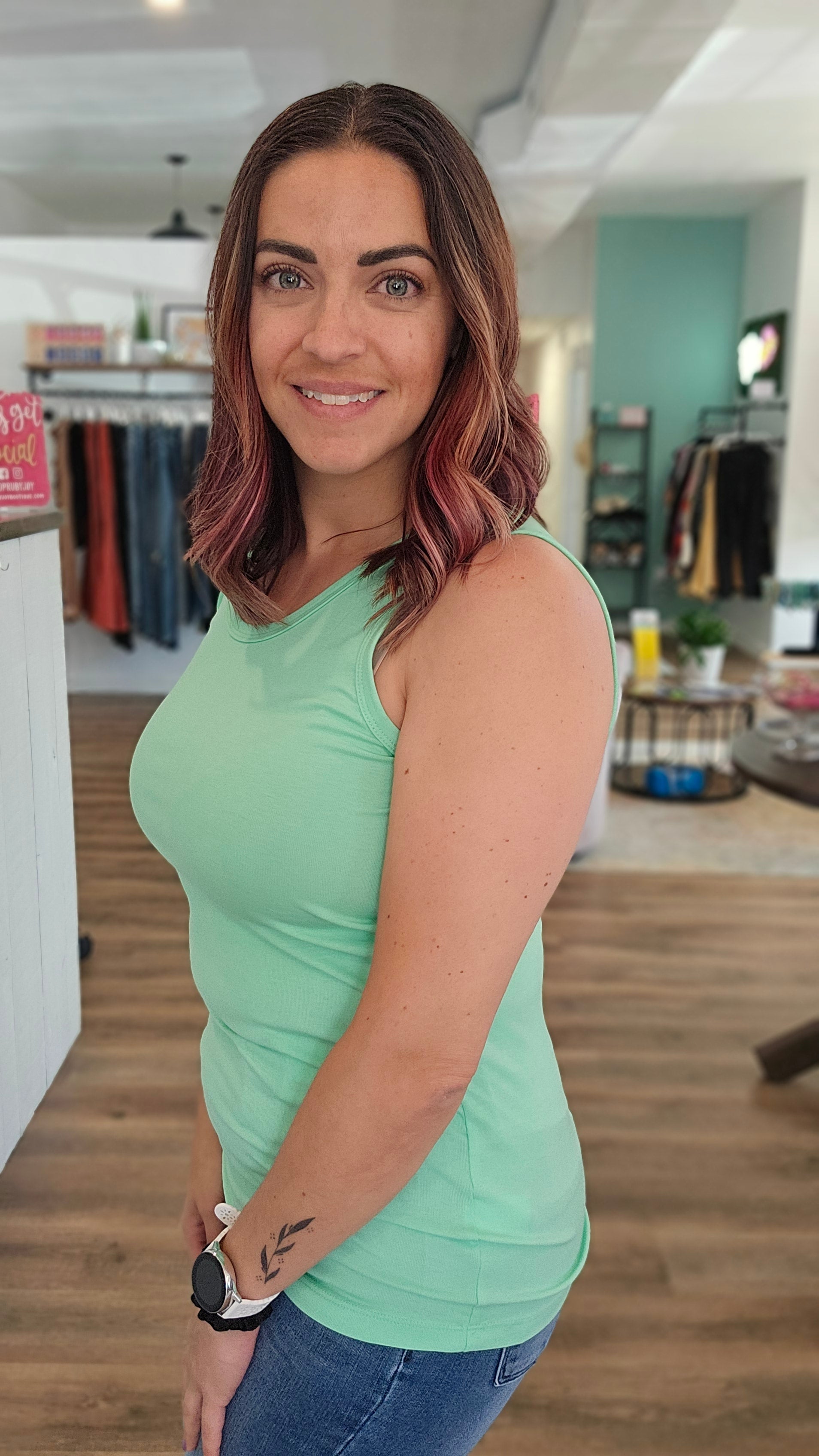 Shop Ava Classic Sleeveless Tank - Lime-Tank Top at Ruby Joy Boutique, a Women's Clothing Store in Pickerington, Ohio