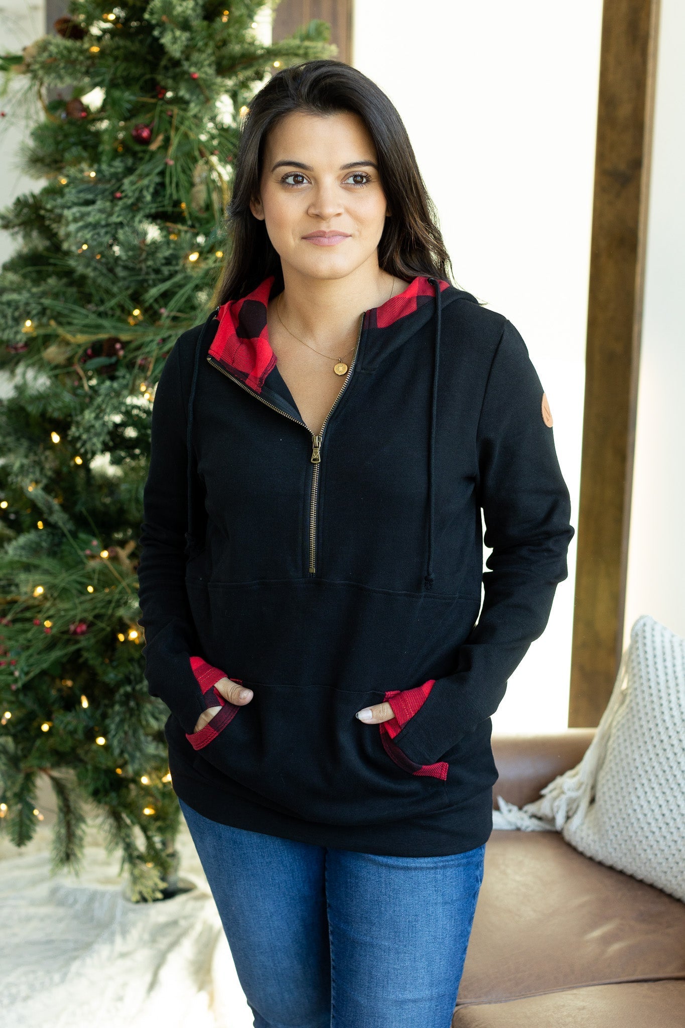 Shop Avery Accent HalfZip Hoodie - Buffalo Plaid-Hoodie at Ruby Joy Boutique, a Women's Clothing Store in Pickerington, Ohio