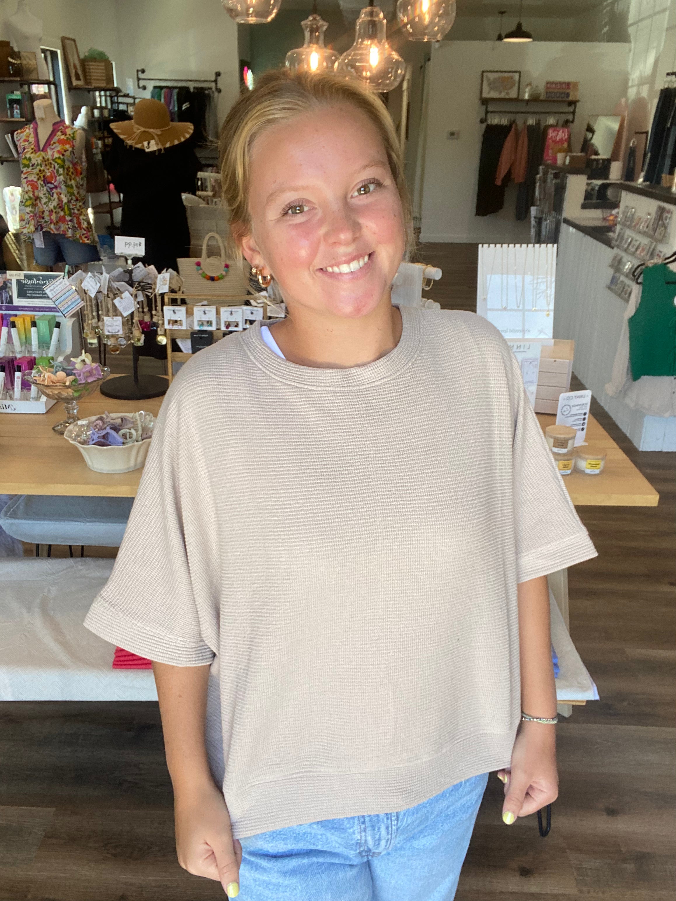 Shop Baby Waffle Knit Boxy Top - Light Cocoa- at Ruby Joy Boutique, a Women's Clothing Store in Pickerington, Ohio