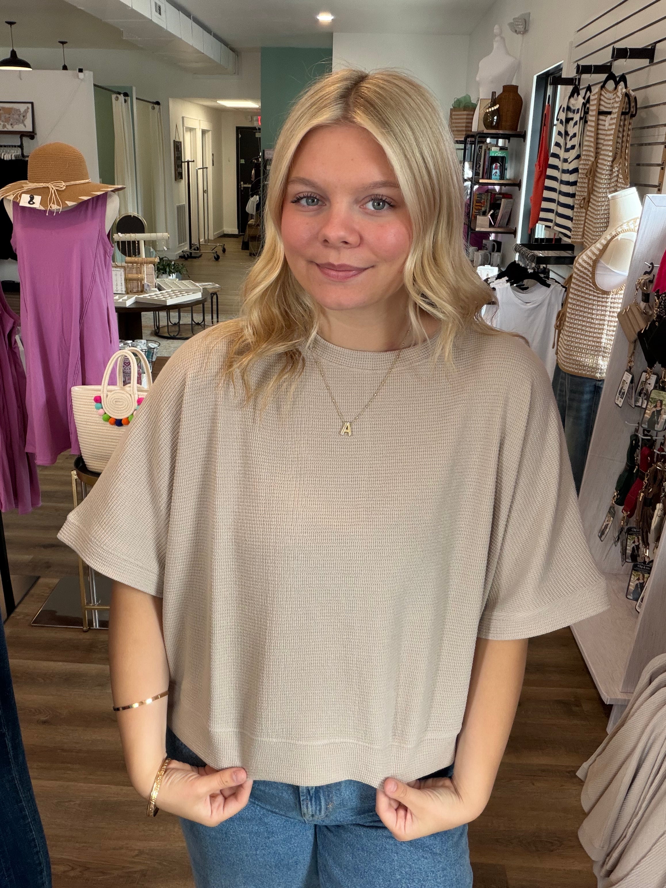 Shop Baby Waffle Knit Boxy Top - Light Cocoa- at Ruby Joy Boutique, a Women's Clothing Store in Pickerington, Ohio