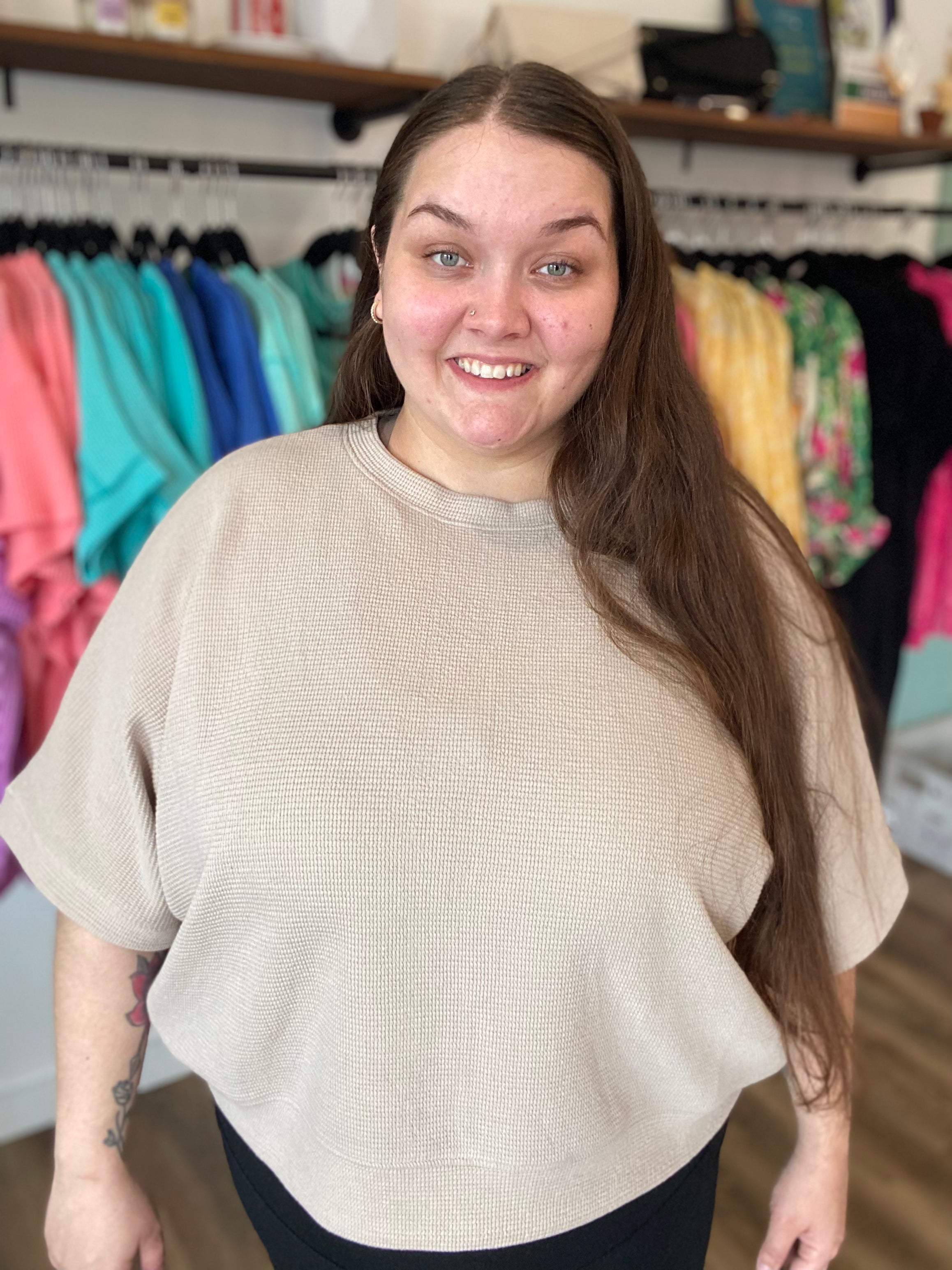 Shop Baby Waffle Knit Boxy Top - Light Cocoa- at Ruby Joy Boutique, a Women's Clothing Store in Pickerington, Ohio
