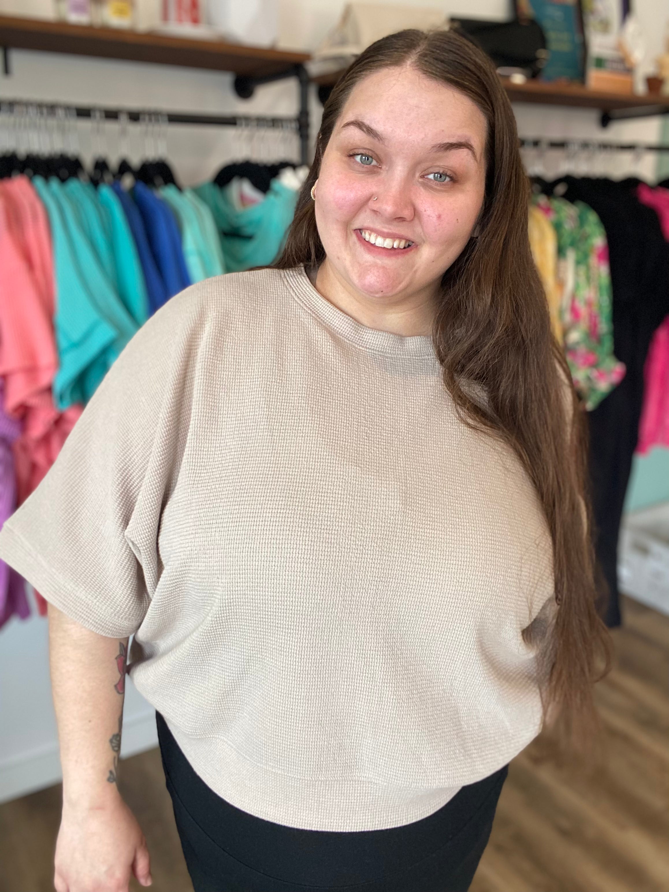 Shop Baby Waffle Knit Boxy Top - Light Cocoa- at Ruby Joy Boutique, a Women's Clothing Store in Pickerington, Ohio