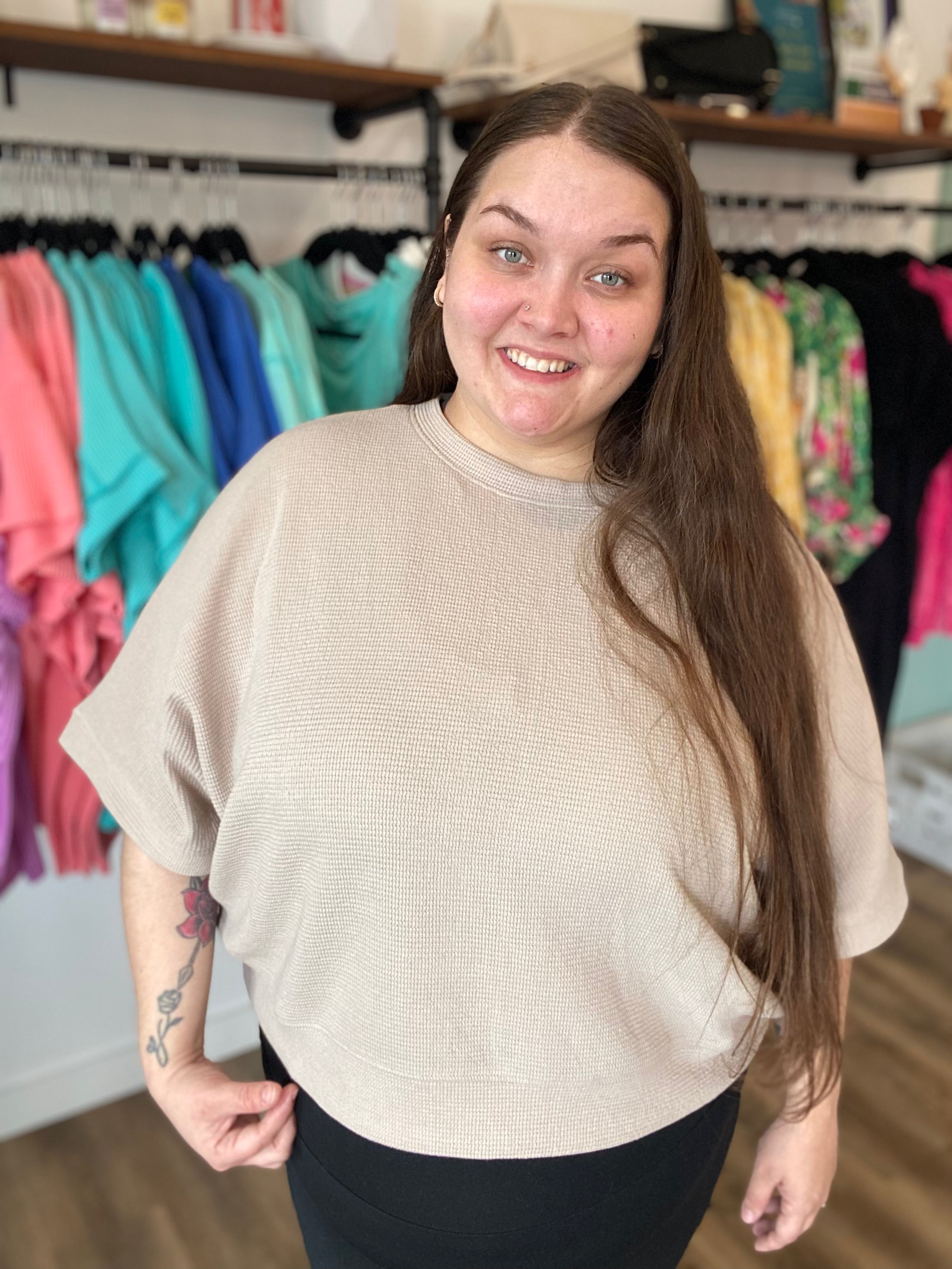 Shop Baby Waffle Knit Boxy Top - Light Cocoa- at Ruby Joy Boutique, a Women's Clothing Store in Pickerington, Ohio