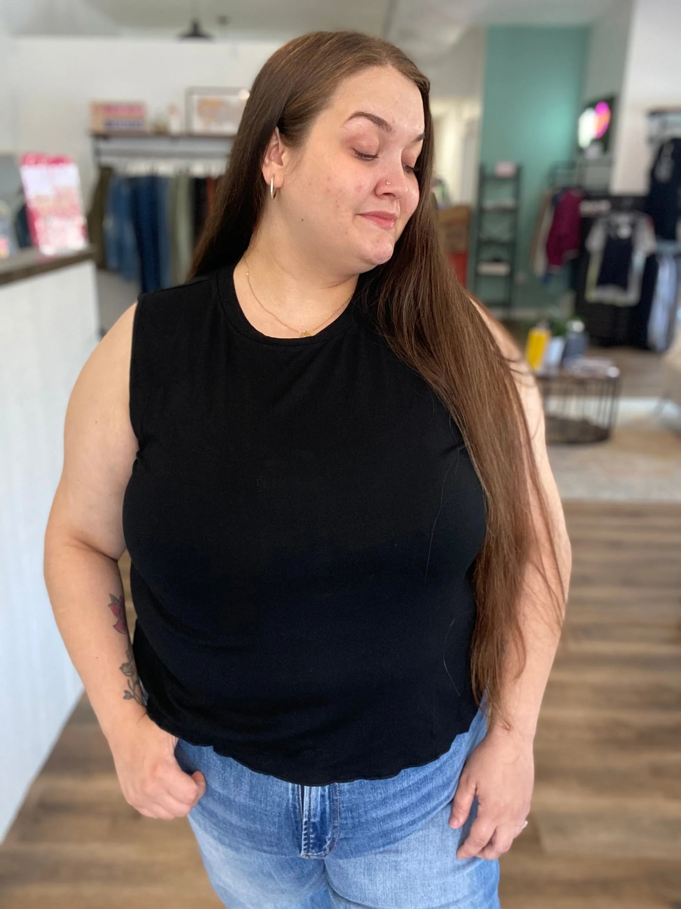 Shop Banks Lettuce Edge Hem Tank - Black- at Ruby Joy Boutique, a Women's Clothing Store in Pickerington, Ohio
