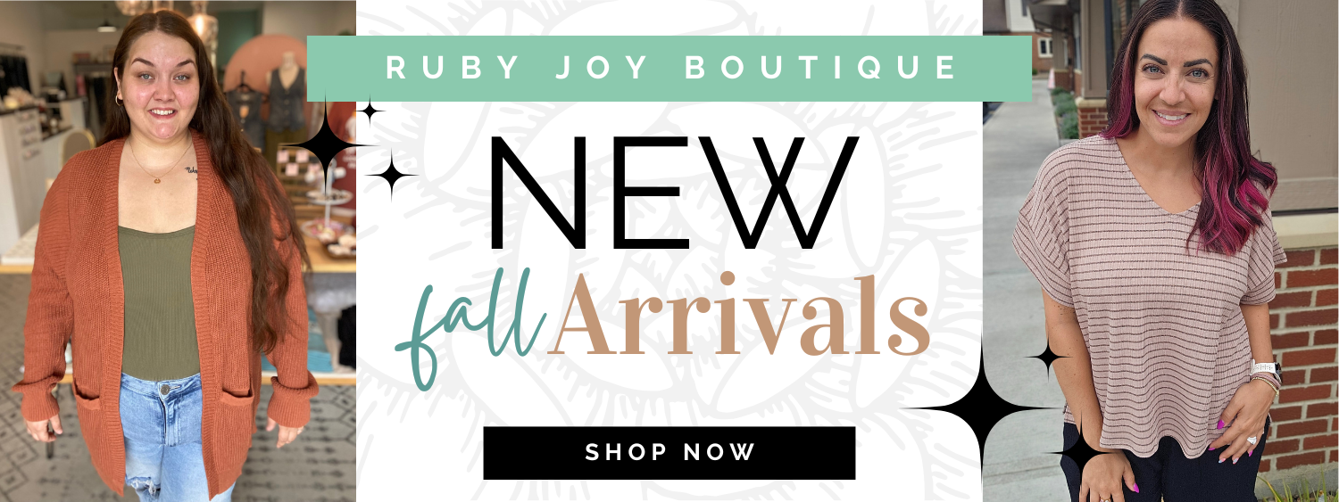 Promotional banner for Ruby Joy Boutique with two women and text about new fall arrivals.