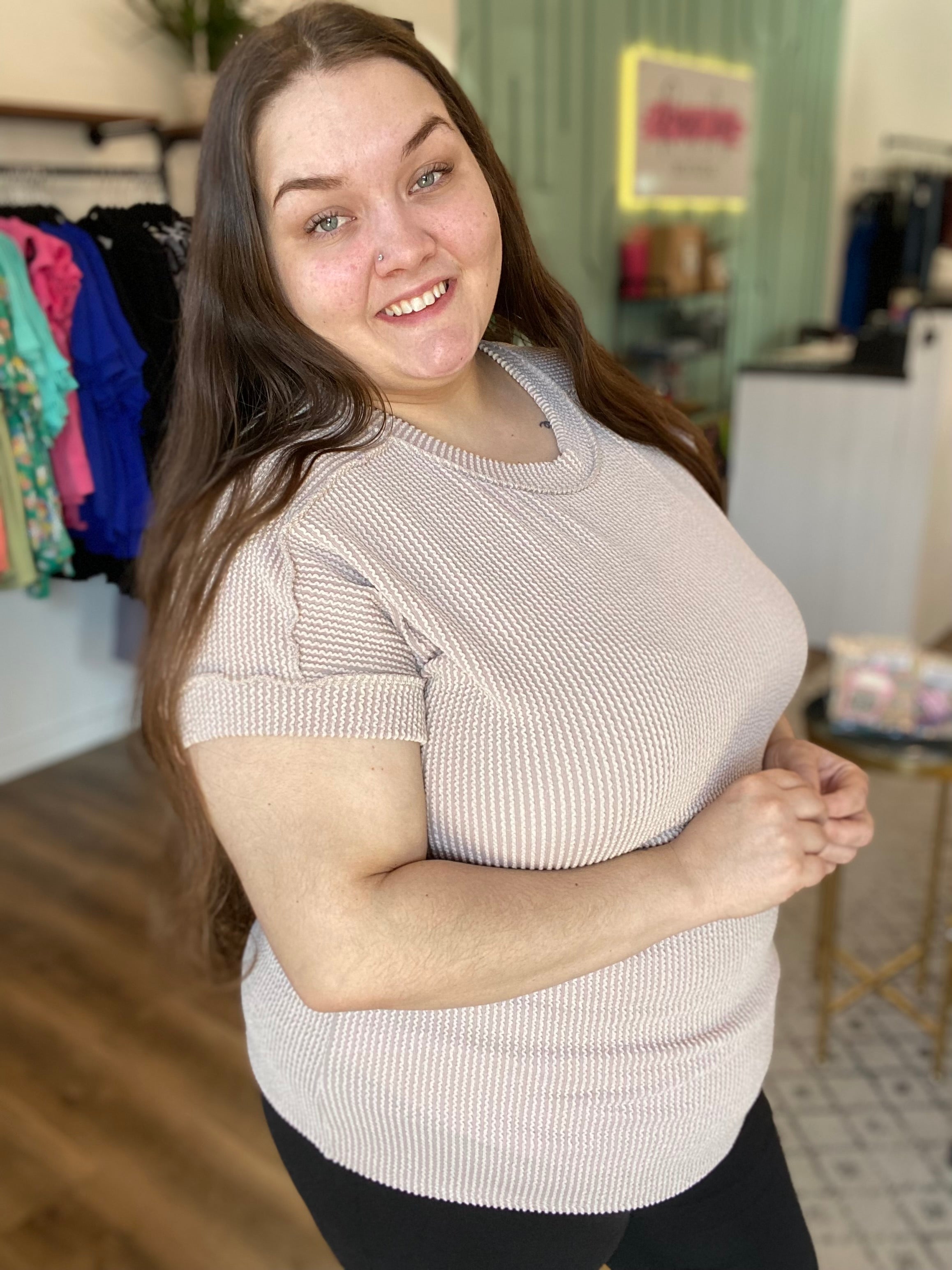 Shop Beige Ribbed Tee-Shirts & Tops at Ruby Joy Boutique, a Women's Clothing Store in Pickerington, Ohio