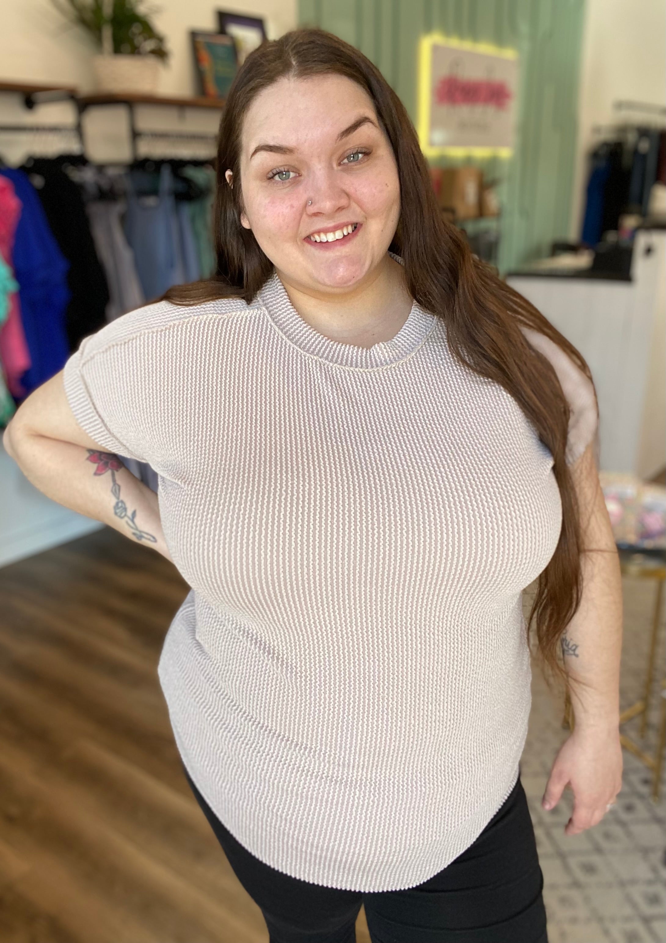 Shop Beige Ribbed Tee-Shirts & Tops at Ruby Joy Boutique, a Women's Clothing Store in Pickerington, Ohio