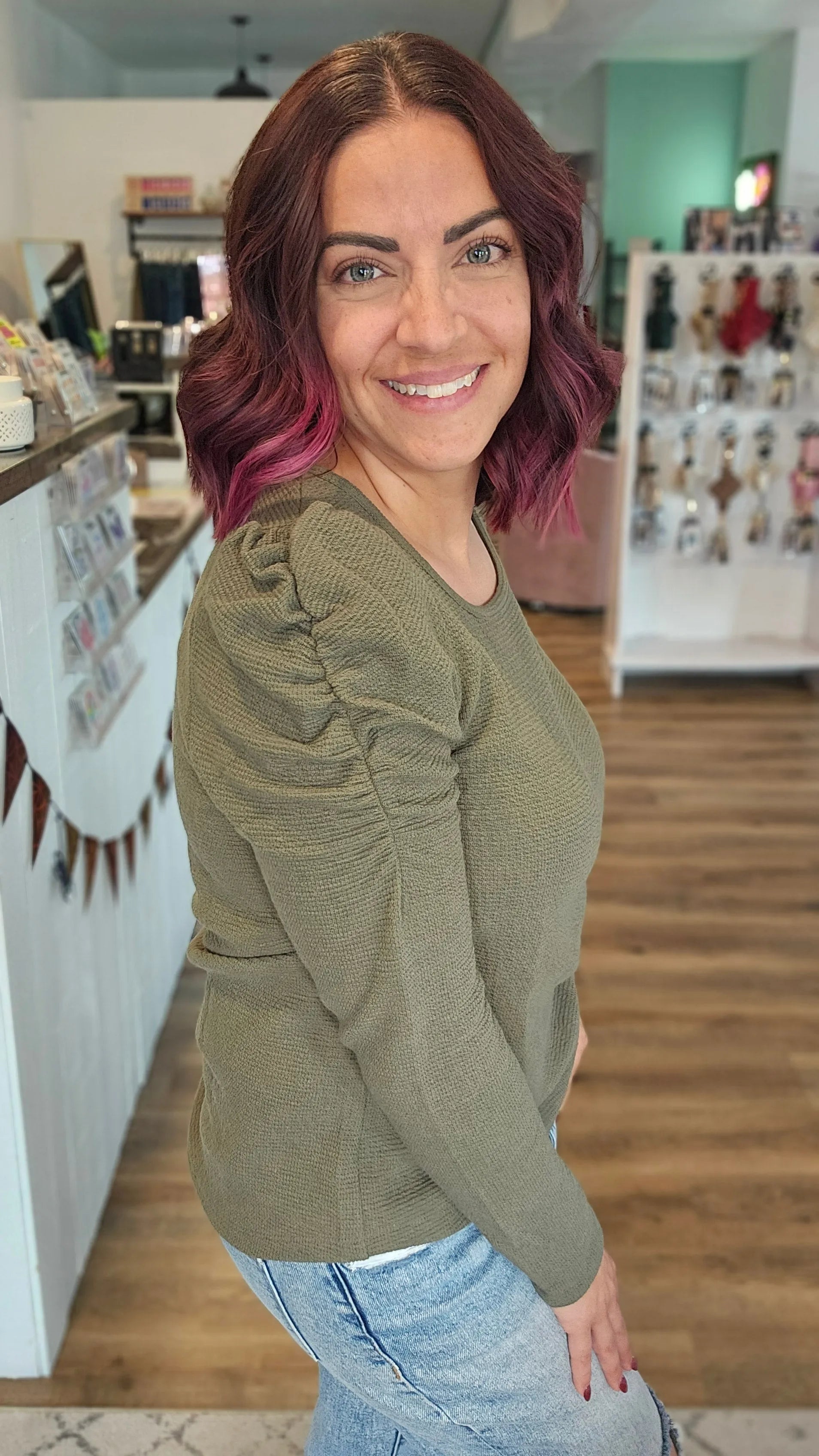 Shop Bella Scrunch Sleeve Top - Olive- at Ruby Joy Boutique, a Women's Clothing Store in Pickerington, Ohio