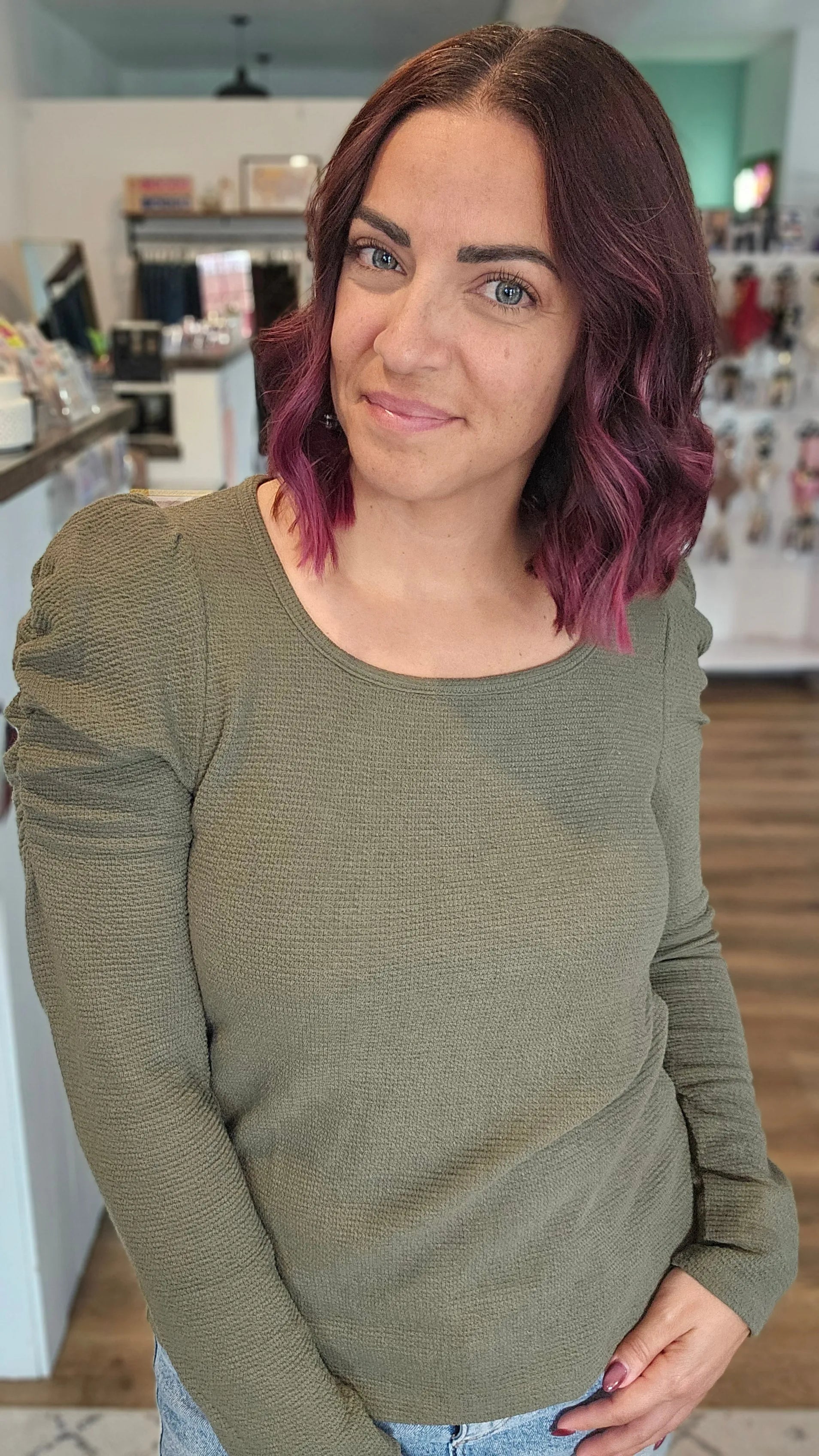 Shop Bella Scrunch Sleeve Top - Olive- at Ruby Joy Boutique, a Women's Clothing Store in Pickerington, Ohio