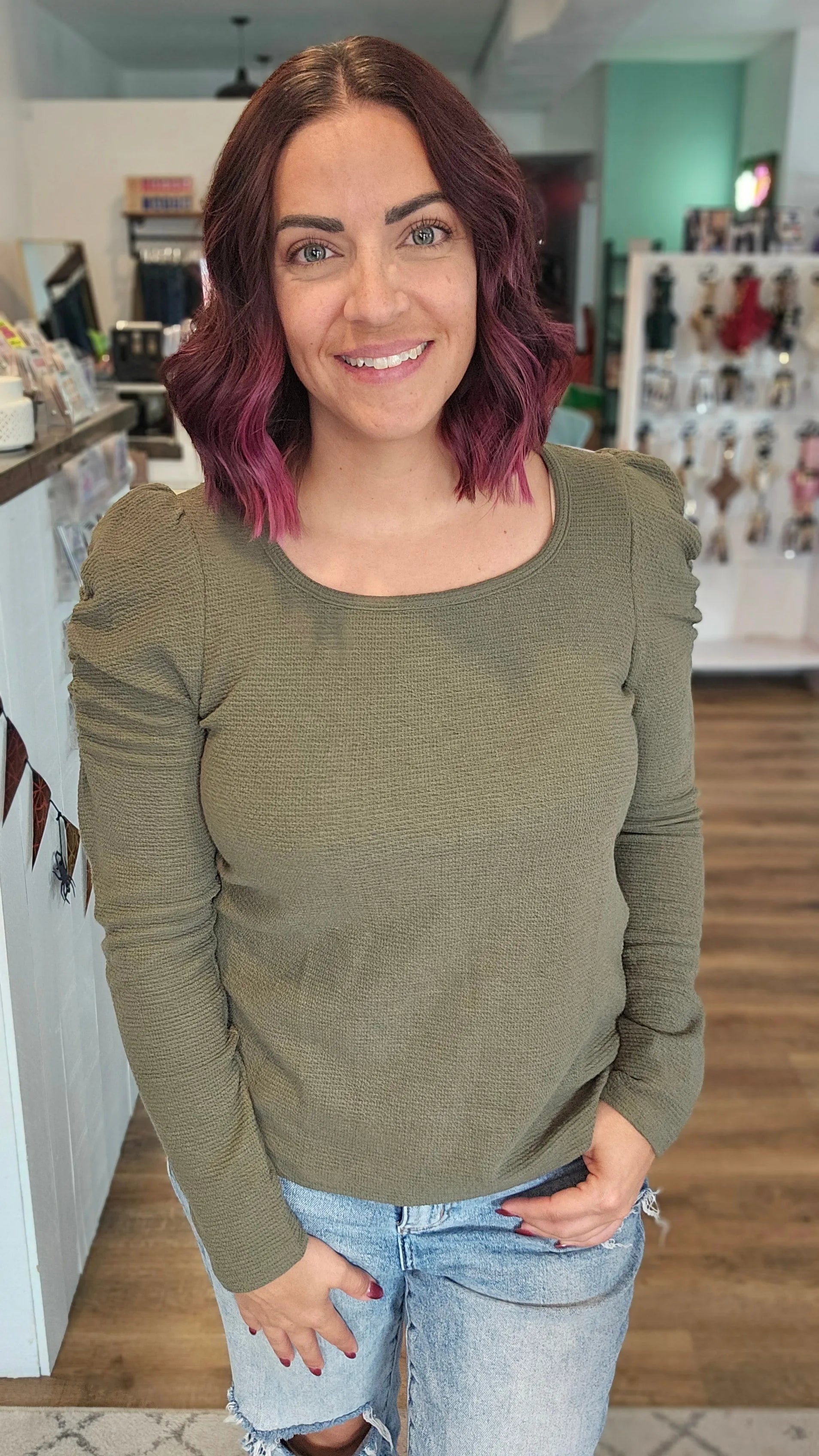 Shop Bella Scrunch Sleeve Top - Olive- at Ruby Joy Boutique, a Women's Clothing Store in Pickerington, Ohio