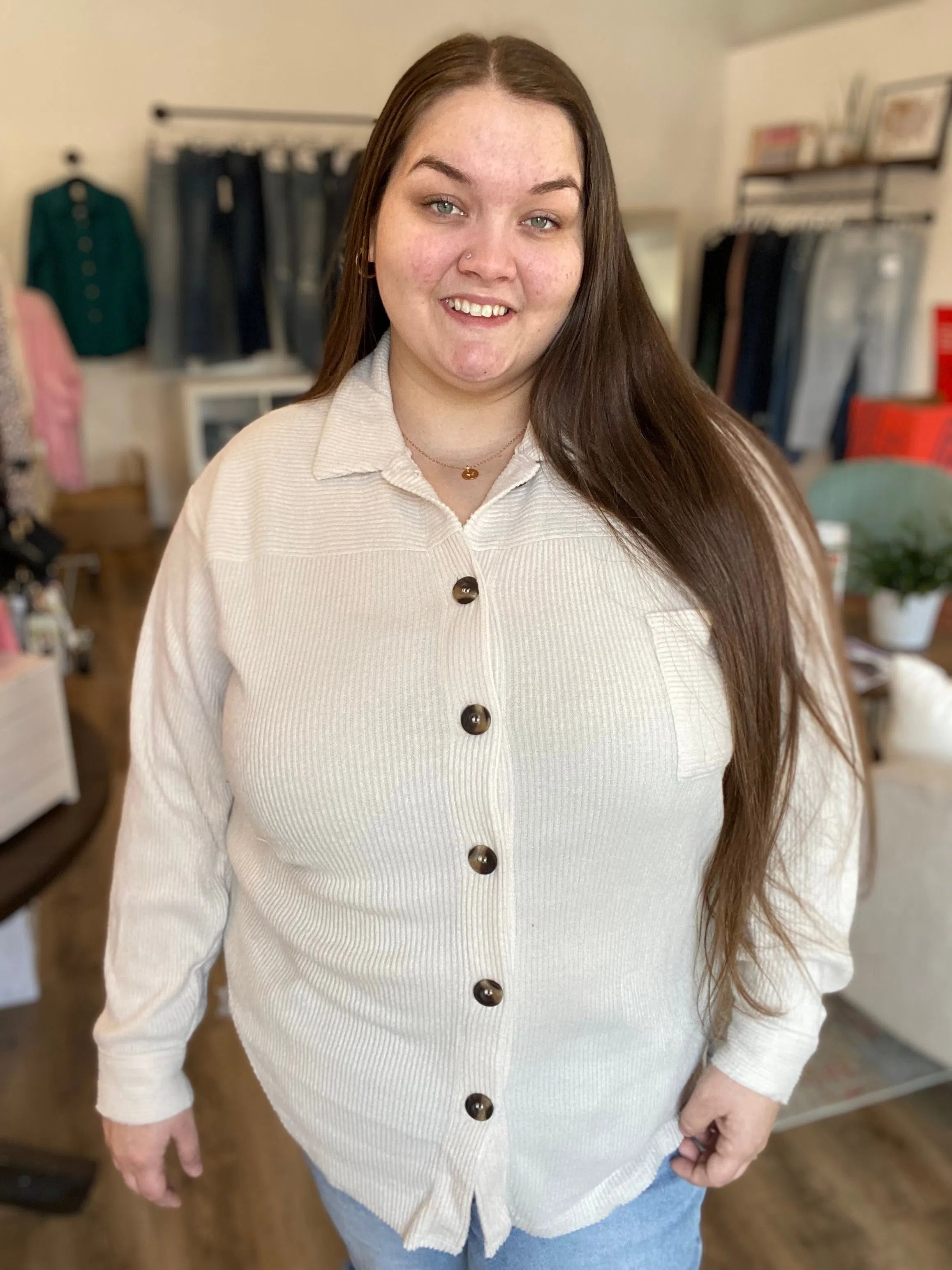 Shop Birch Ribbed Button-Down Shirt- at Ruby Joy Boutique, a Women's Clothing Store in Pickerington, Ohio