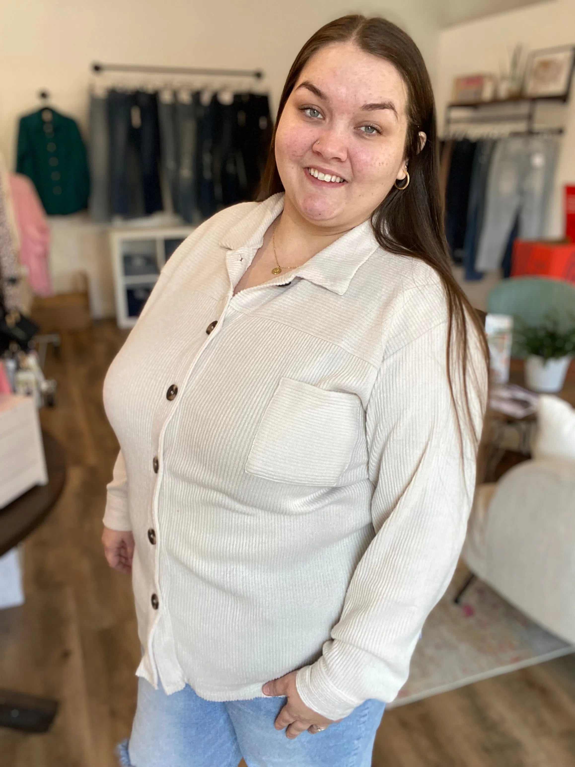 Shop Birch Ribbed Button-Down Shirt- at Ruby Joy Boutique, a Women's Clothing Store in Pickerington, Ohio