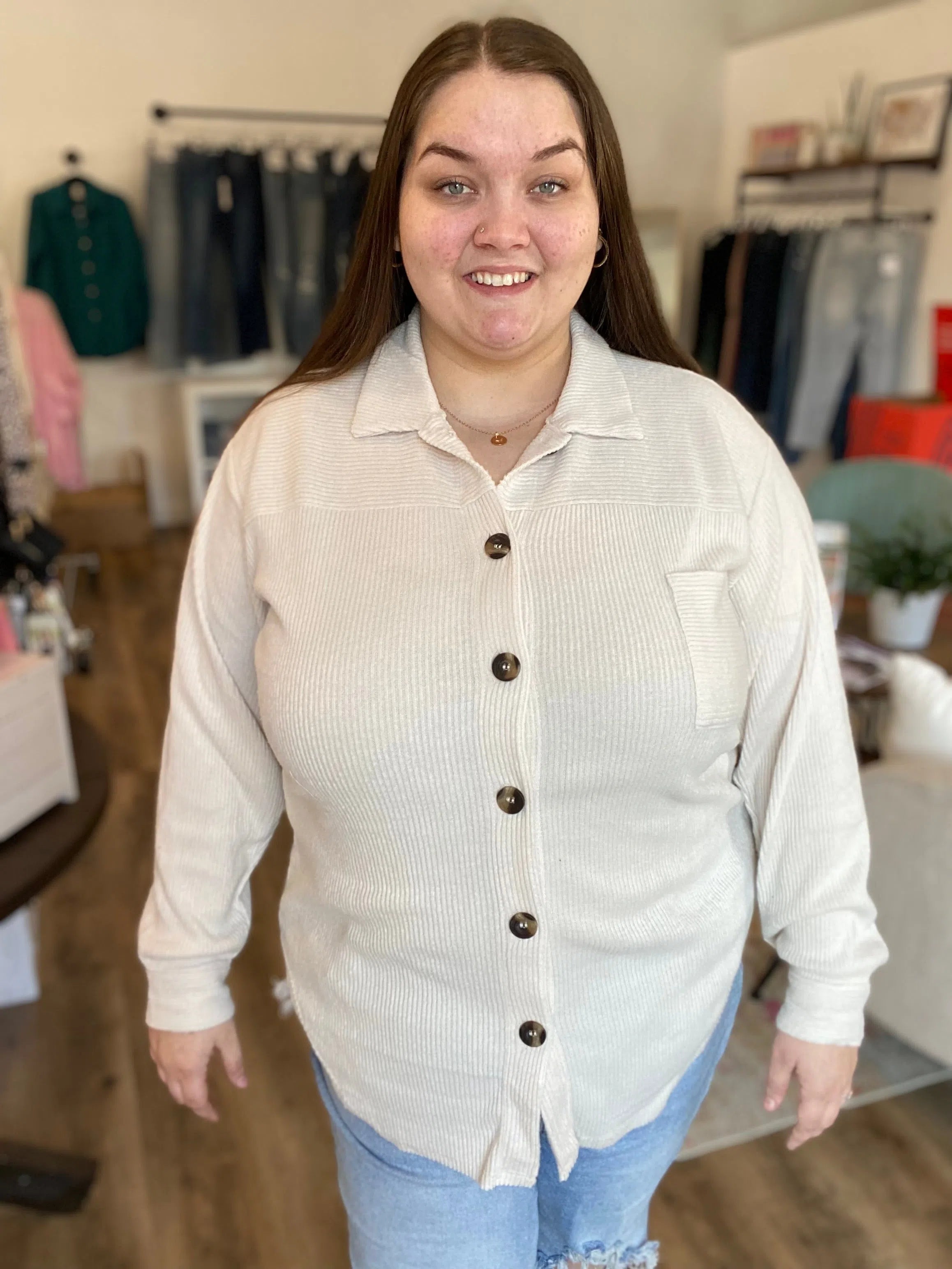 Shop Birch Ribbed Button-Down Shirt-XL at Ruby Joy Boutique, a Women's Clothing Store in Pickerington, Ohio