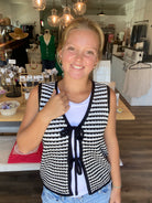 Shop Black Striped Double Tie Knit Vest- at Ruby Joy Boutique, a Women's Clothing Store in Pickerington, Ohio