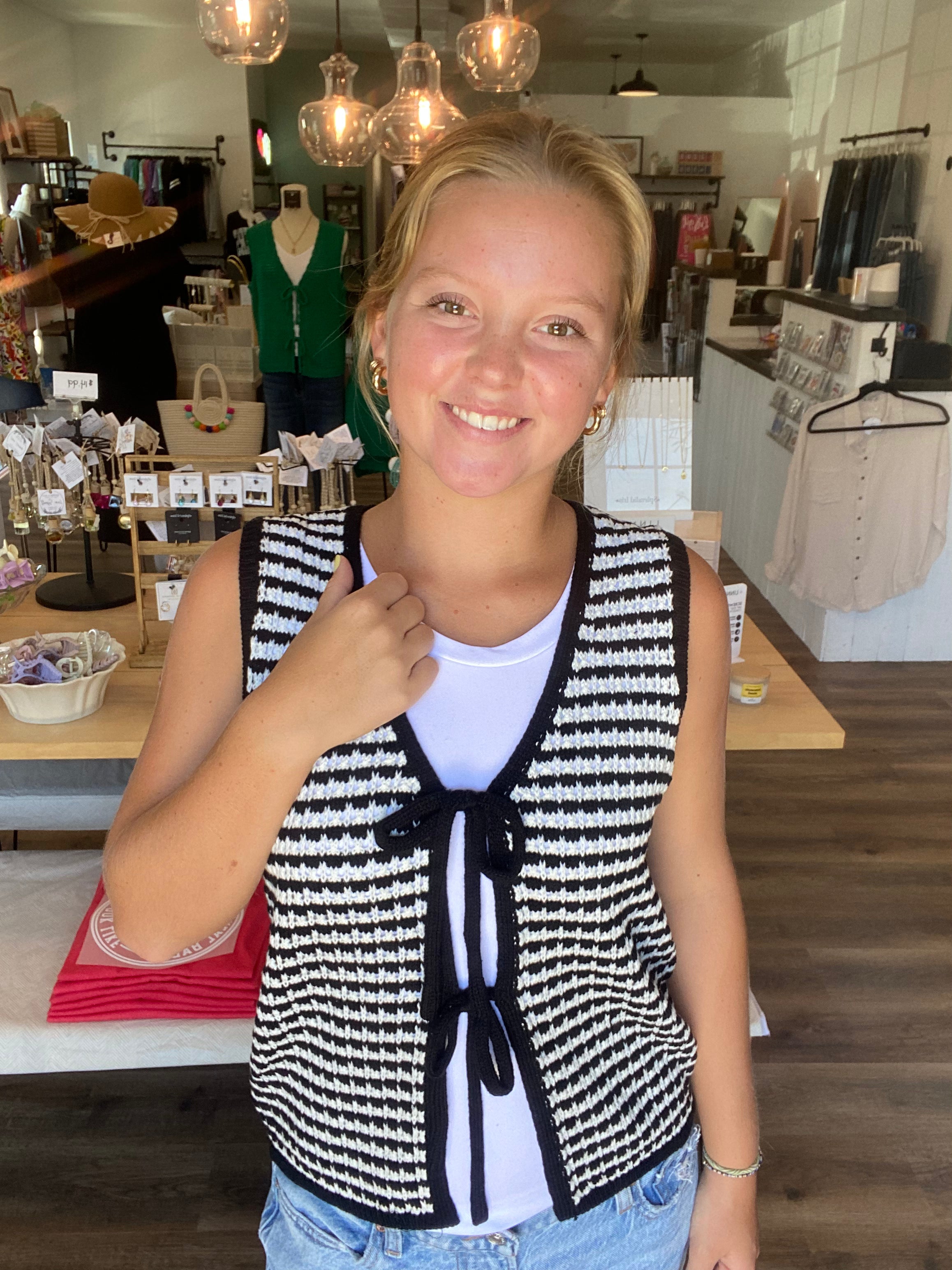 Shop Black Striped Double Tie Knit Vest- at Ruby Joy Boutique, a Women's Clothing Store in Pickerington, Ohio