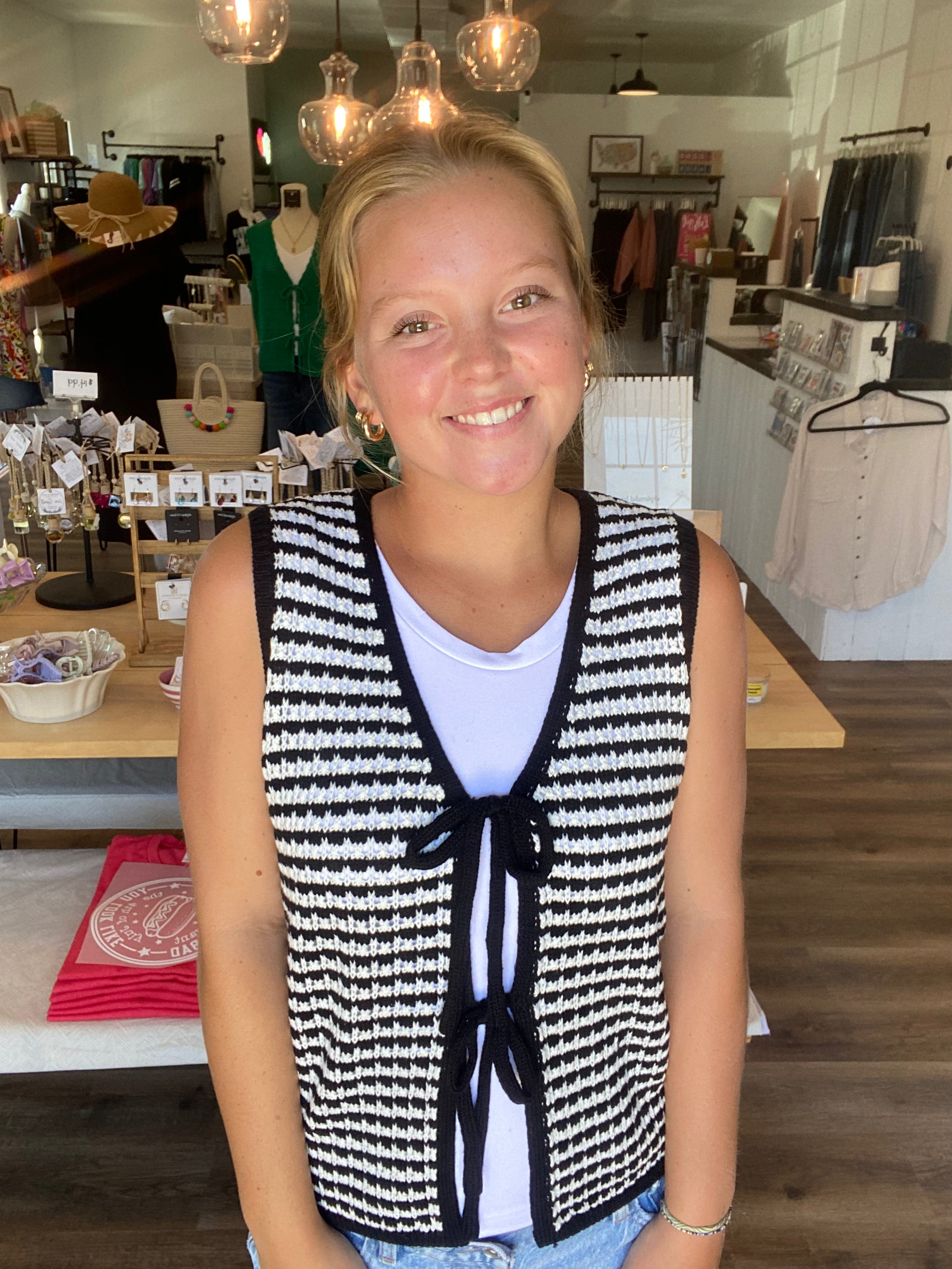 Shop Black Striped Double Tie Knit Vest- at Ruby Joy Boutique, a Women's Clothing Store in Pickerington, Ohio