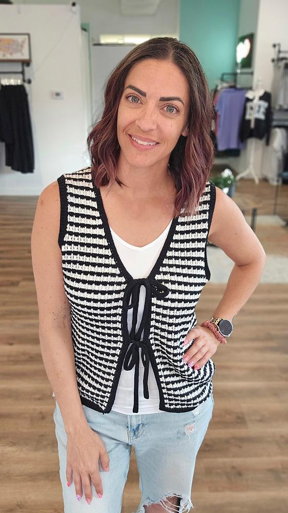 Shop Black Striped Double Tie Knit Vest- at Ruby Joy Boutique, a Women's Clothing Store in Pickerington, Ohio