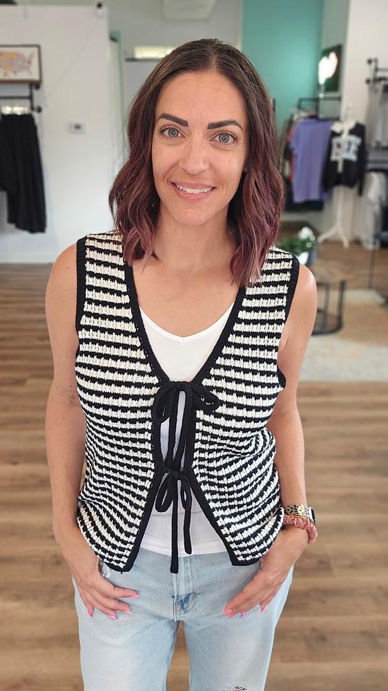 Shop Black Striped Double Tie Knit Vest- at Ruby Joy Boutique, a Women's Clothing Store in Pickerington, Ohio