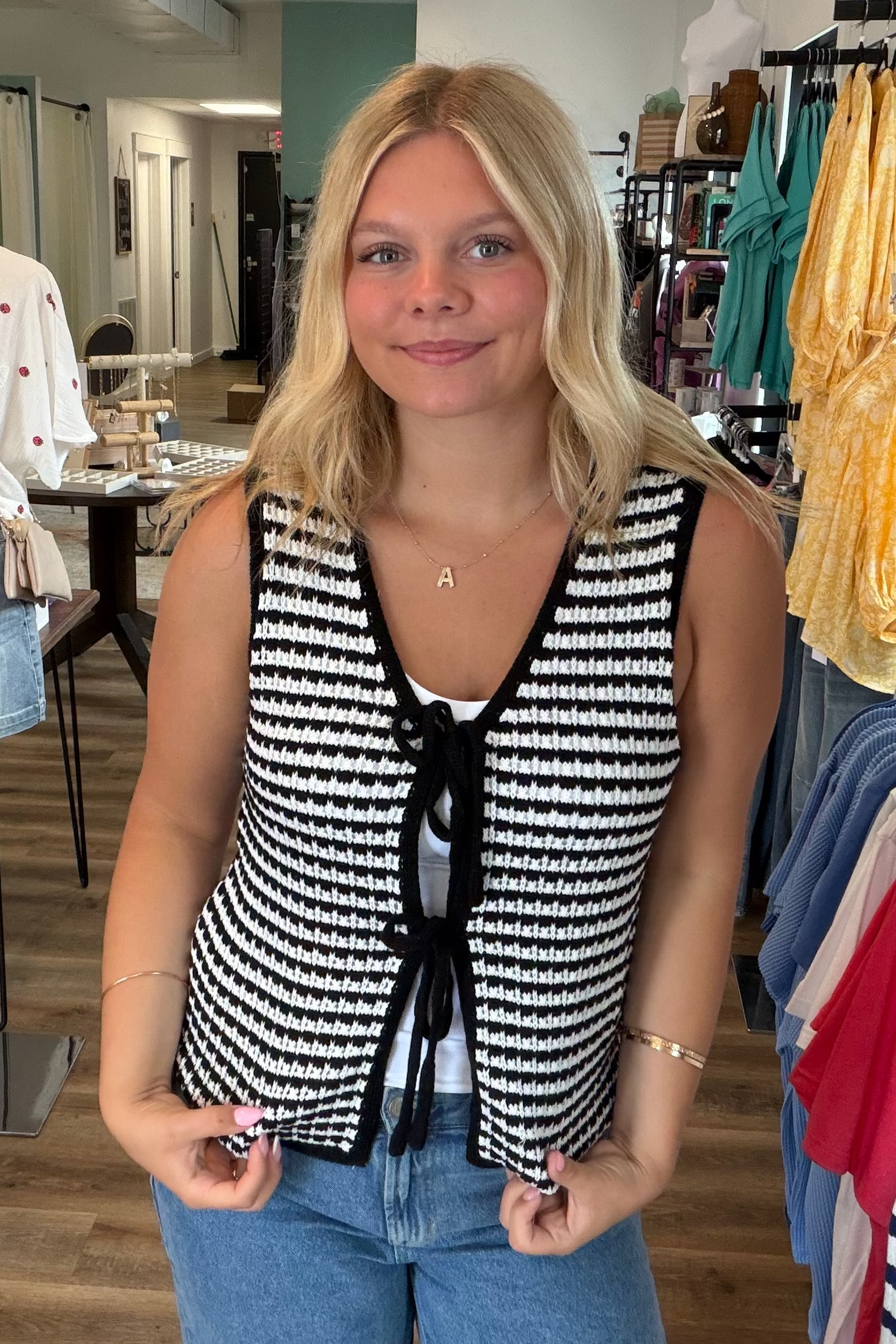 Shop Black Striped Double Tie Knit Vest- at Ruby Joy Boutique, a Women's Clothing Store in Pickerington, Ohio