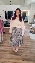 Shop Black and Beige Botanical Midi Skirt-Skirts at Ruby Joy Boutique, a Women's Clothing Store in Pickerington, Ohio