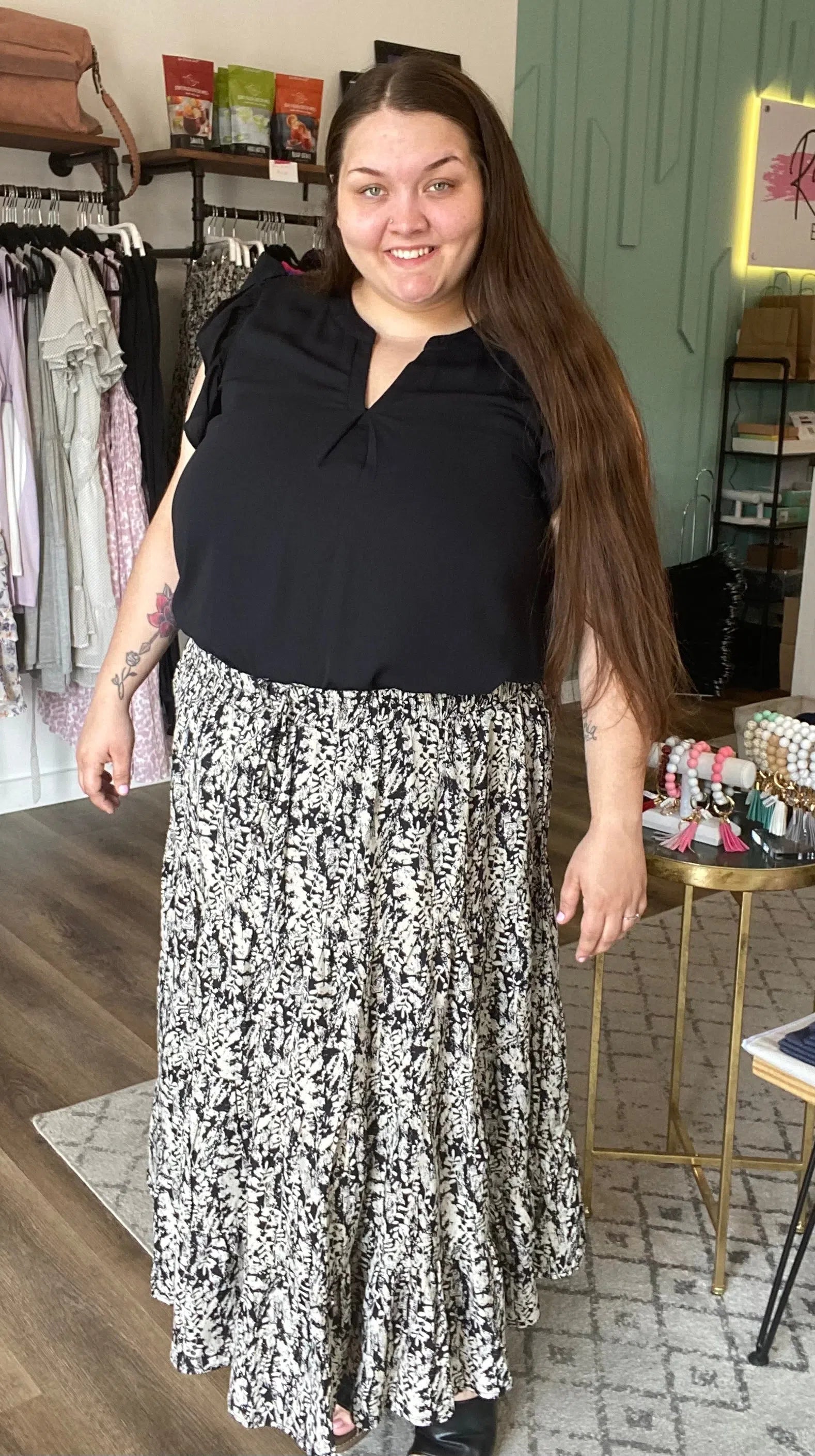 Shop Black and Beige Botanical Midi Skirt-Skirts at Ruby Joy Boutique, a Women's Clothing Store in Pickerington, Ohio