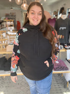 Shop Black and Floral Sleeve Hoodie-Hoodie at Ruby Joy Boutique, a Women's Clothing Store in Pickerington, Ohio