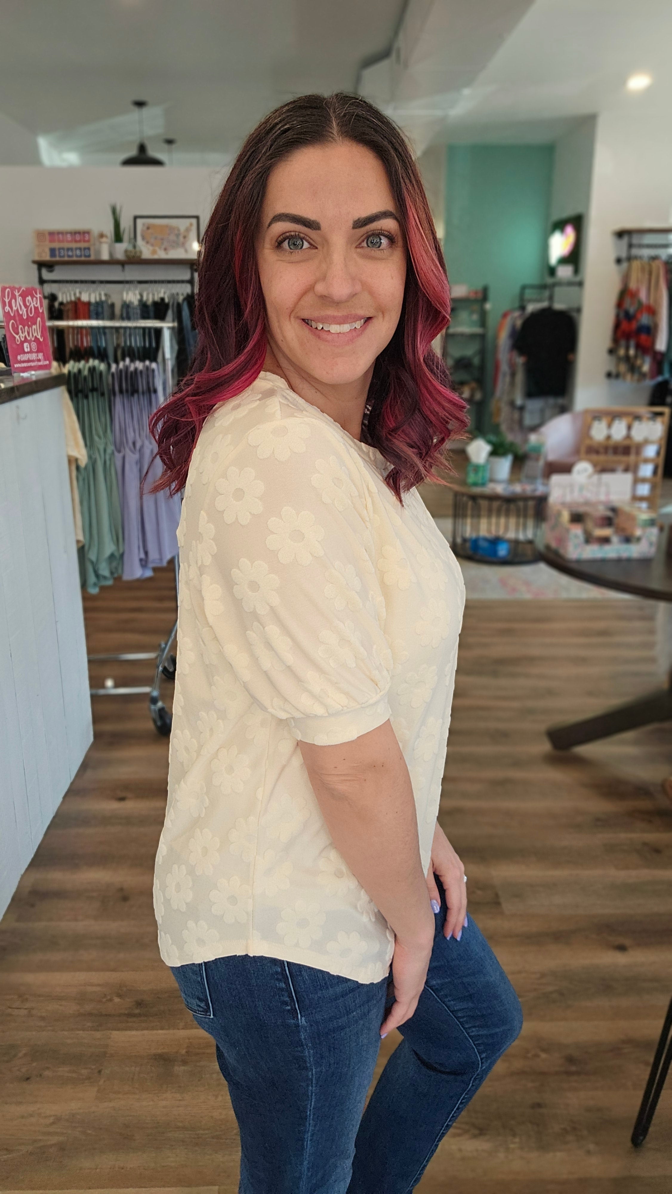 Shop Blossom Floral Pattern Top-Blouse at Ruby Joy Boutique, a Women's Clothing Store in Pickerington, Ohio