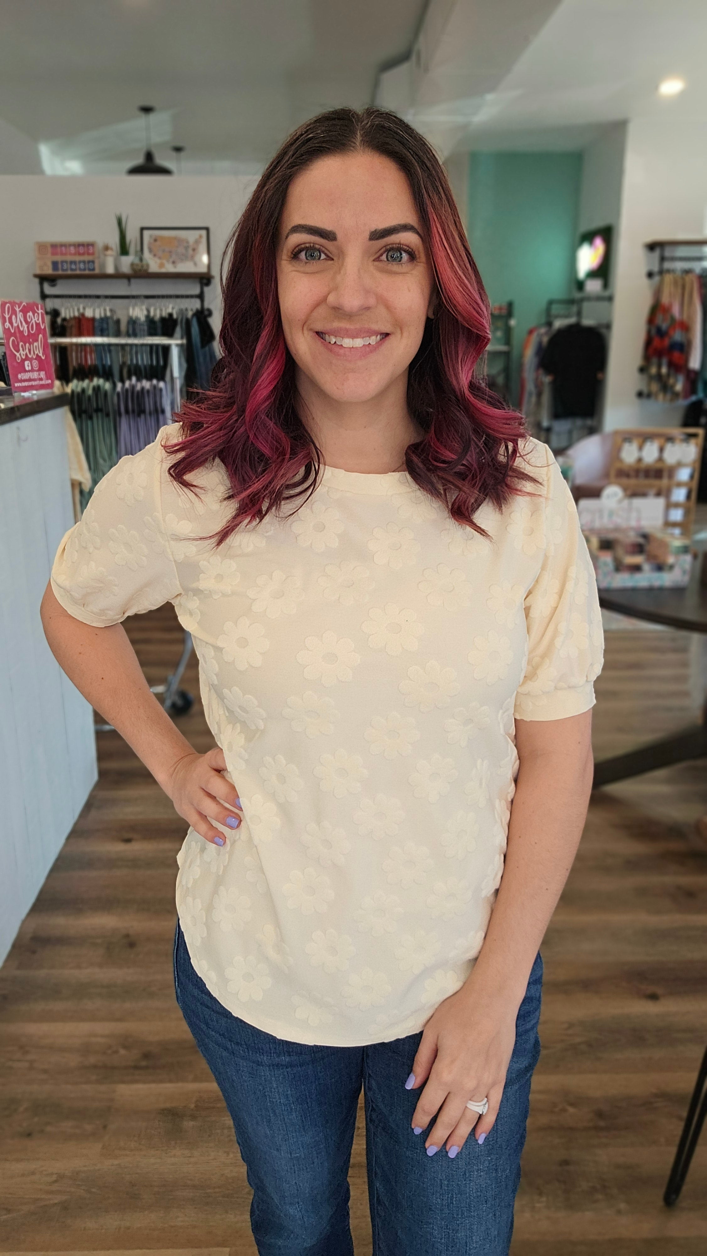 Shop Blossom Floral Pattern Top-Blouse at Ruby Joy Boutique, a Women's Clothing Store in Pickerington, Ohio
