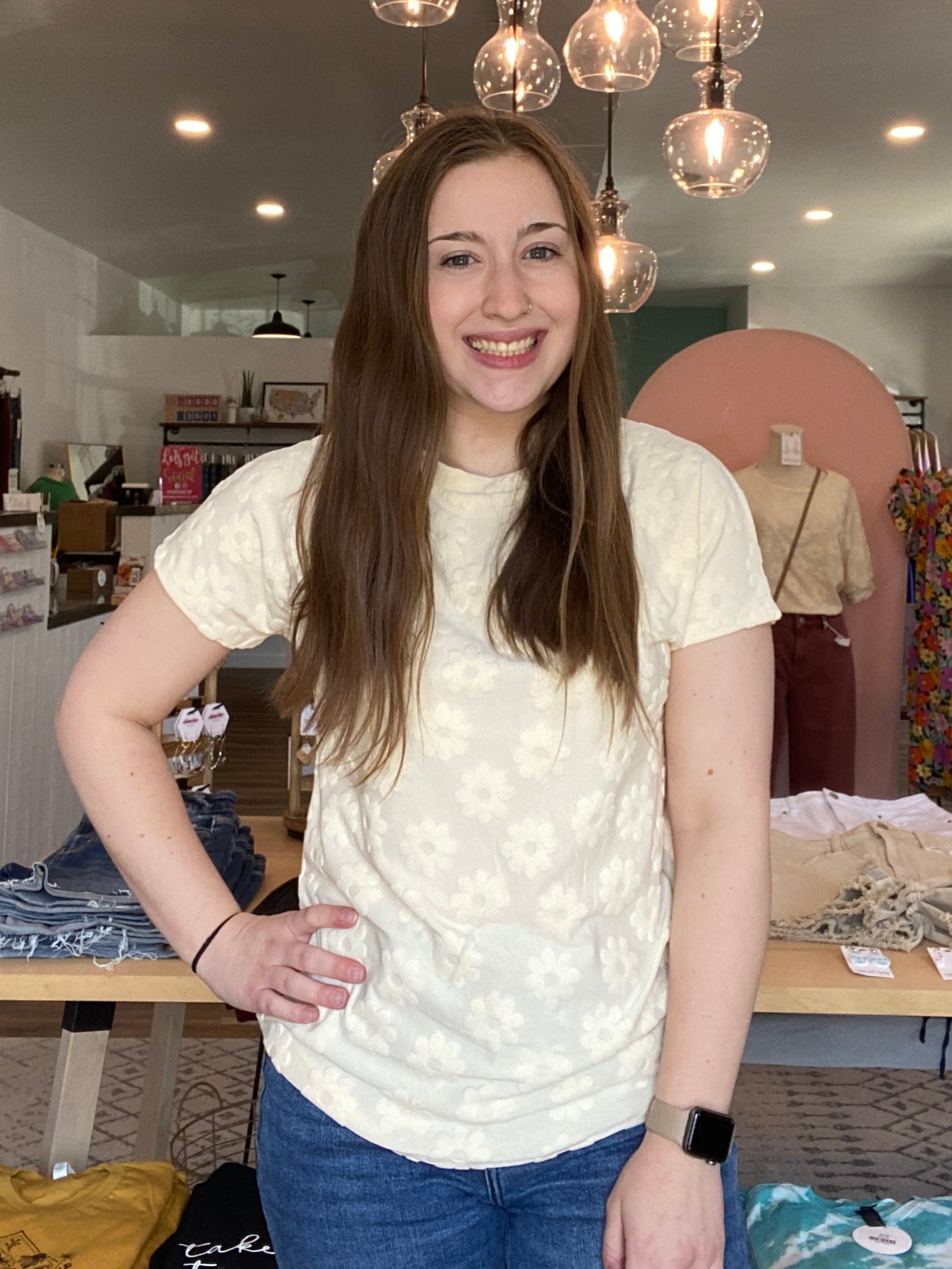 Shop Blossom Floral Texture Tee-Blouse at Ruby Joy Boutique, a Women's Clothing Store in Pickerington, Ohio
