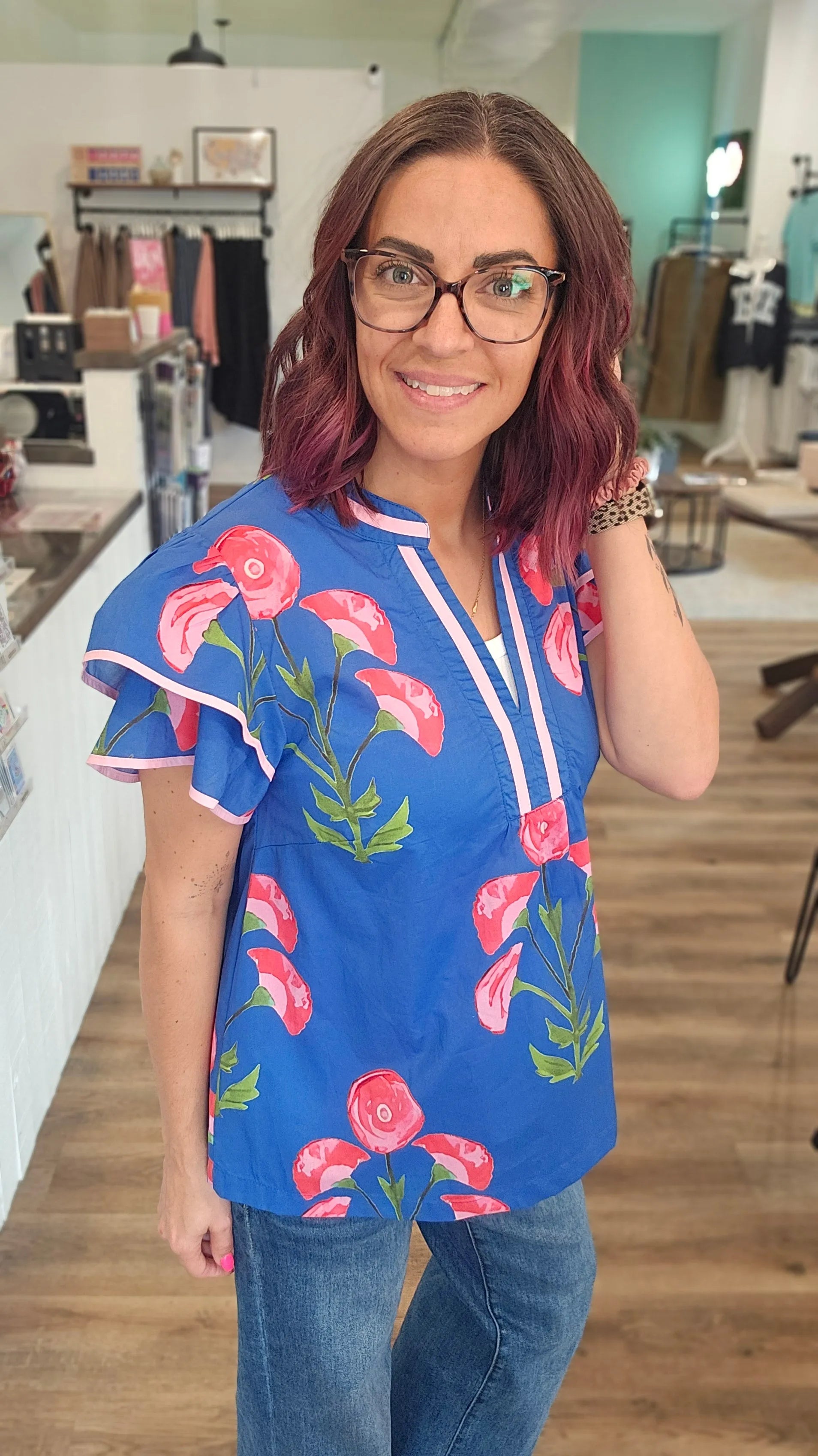Shop Blossom Meadow Print Top- at Ruby Joy Boutique, a Women's Clothing Store in Pickerington, Ohio