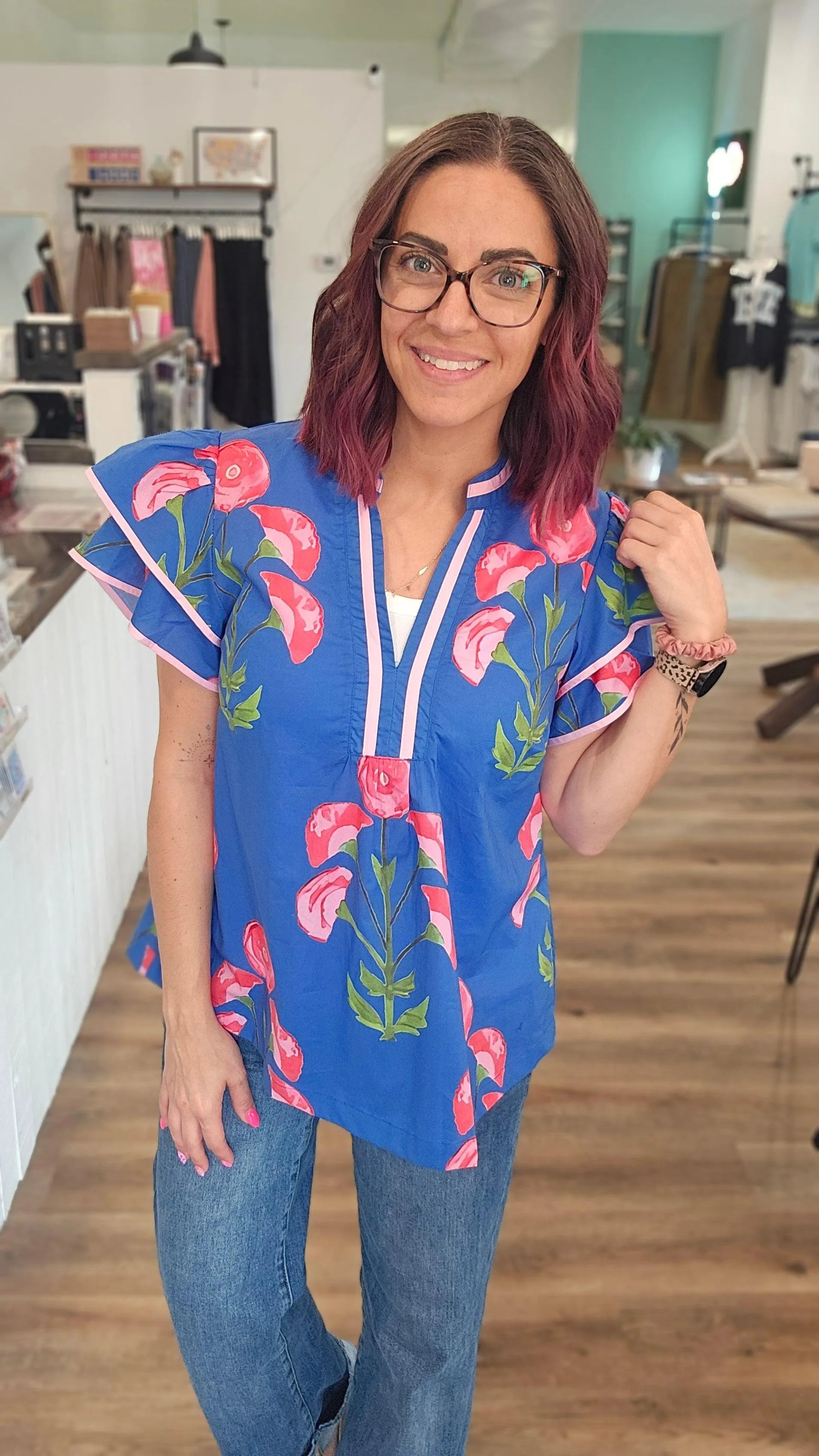 Shop Blossom Meadow Print Top- at Ruby Joy Boutique, a Women's Clothing Store in Pickerington, Ohio
